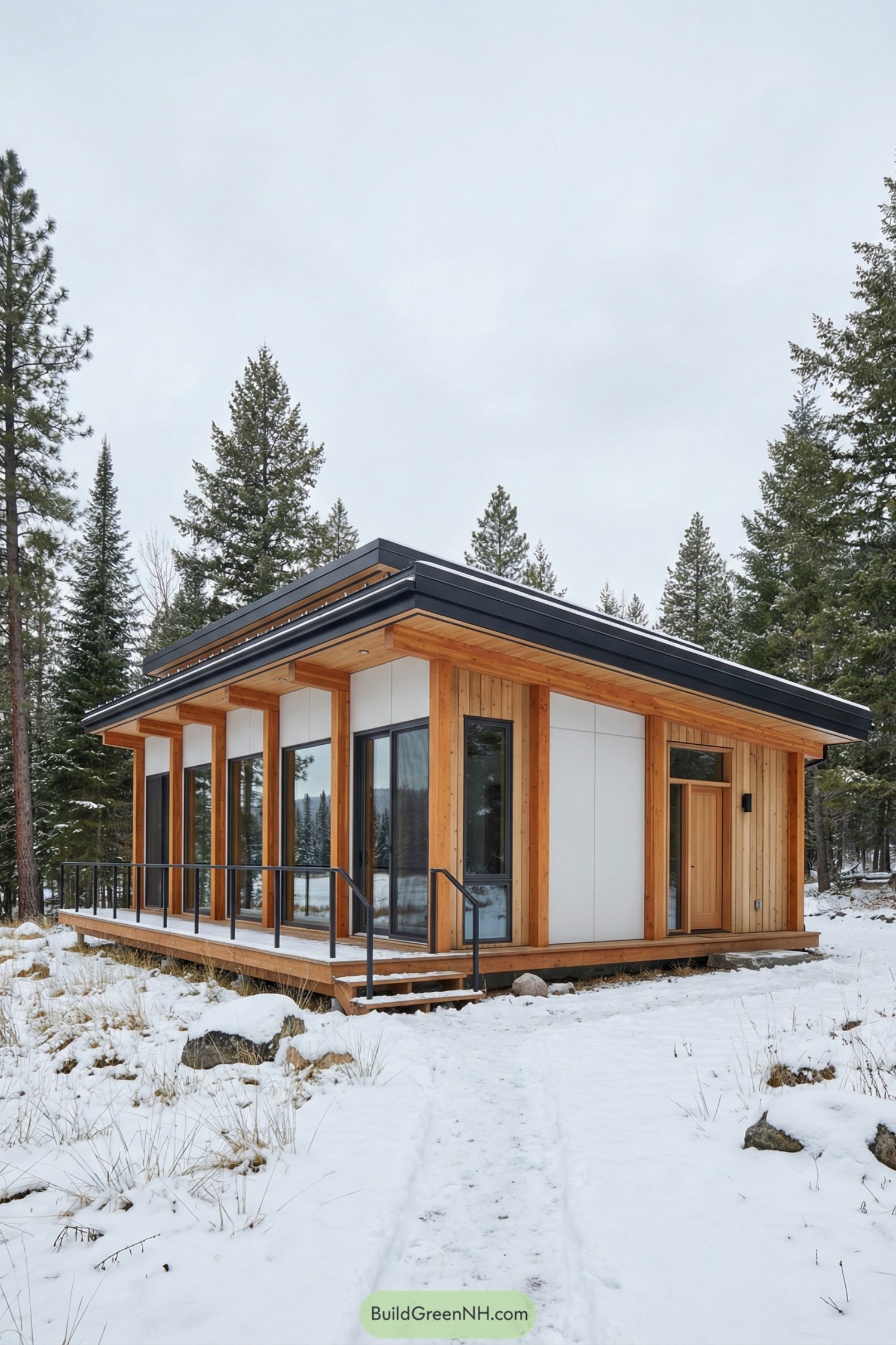 Modern timber cabin with tall glass front in a snowy forest