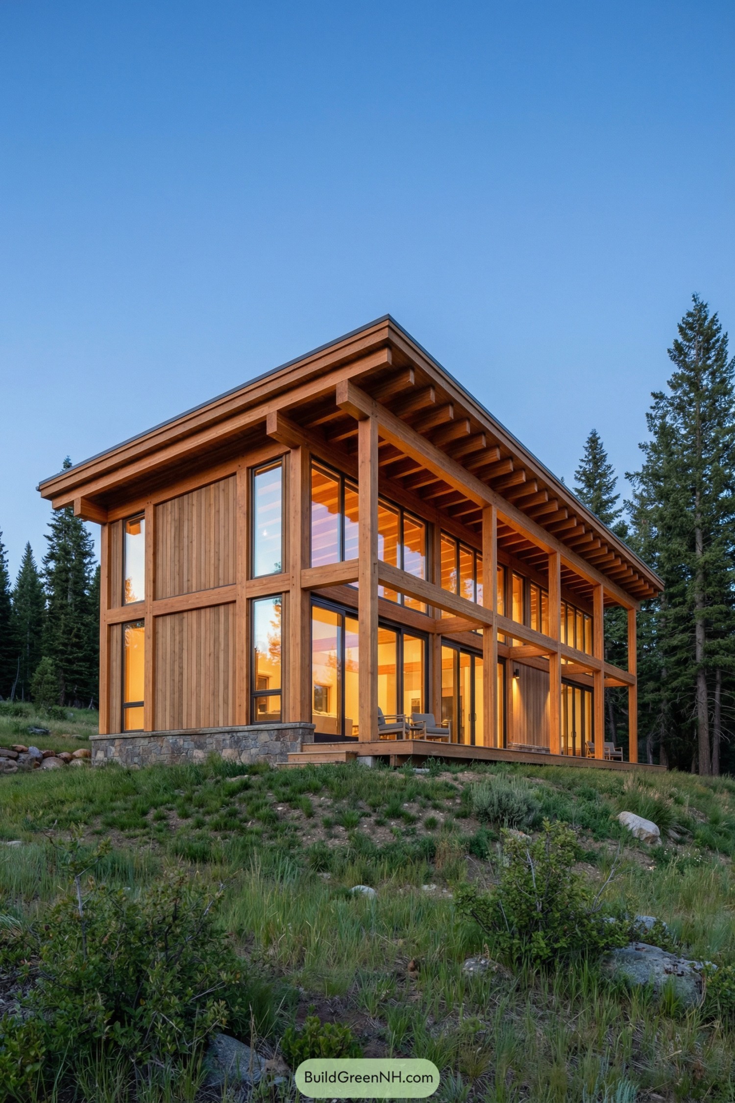Modern timber cabin with tall glass facade on a forested slope