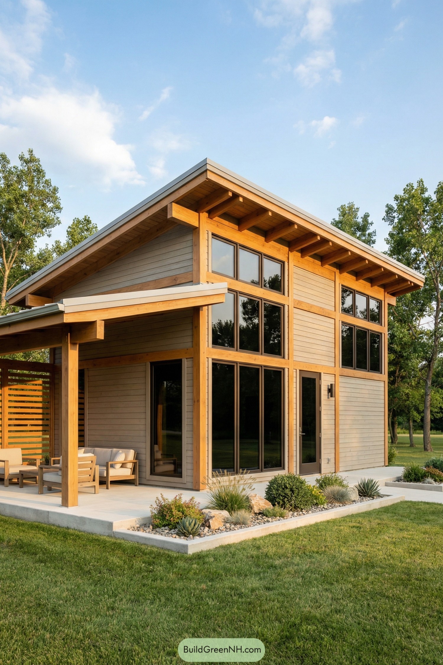 Modern timber cabin with tall windows and covered patio