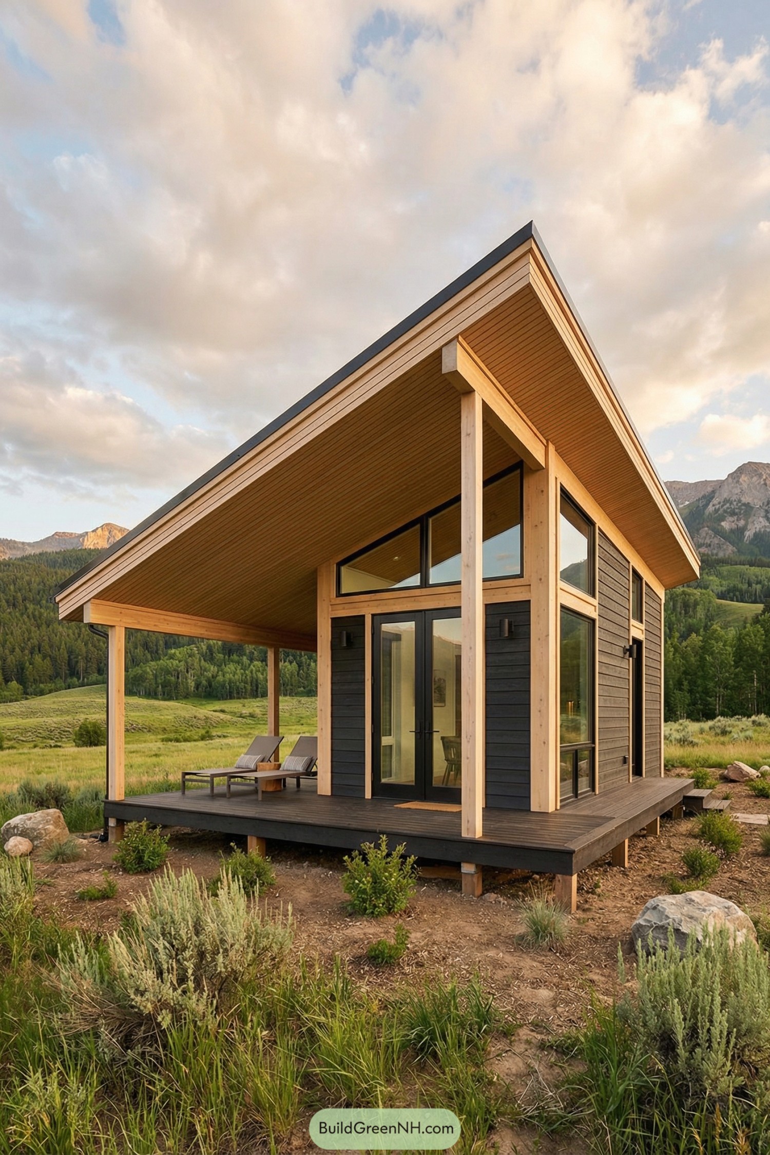 Modern timber cabin with tall sloped roof and large glass front in an open meadow