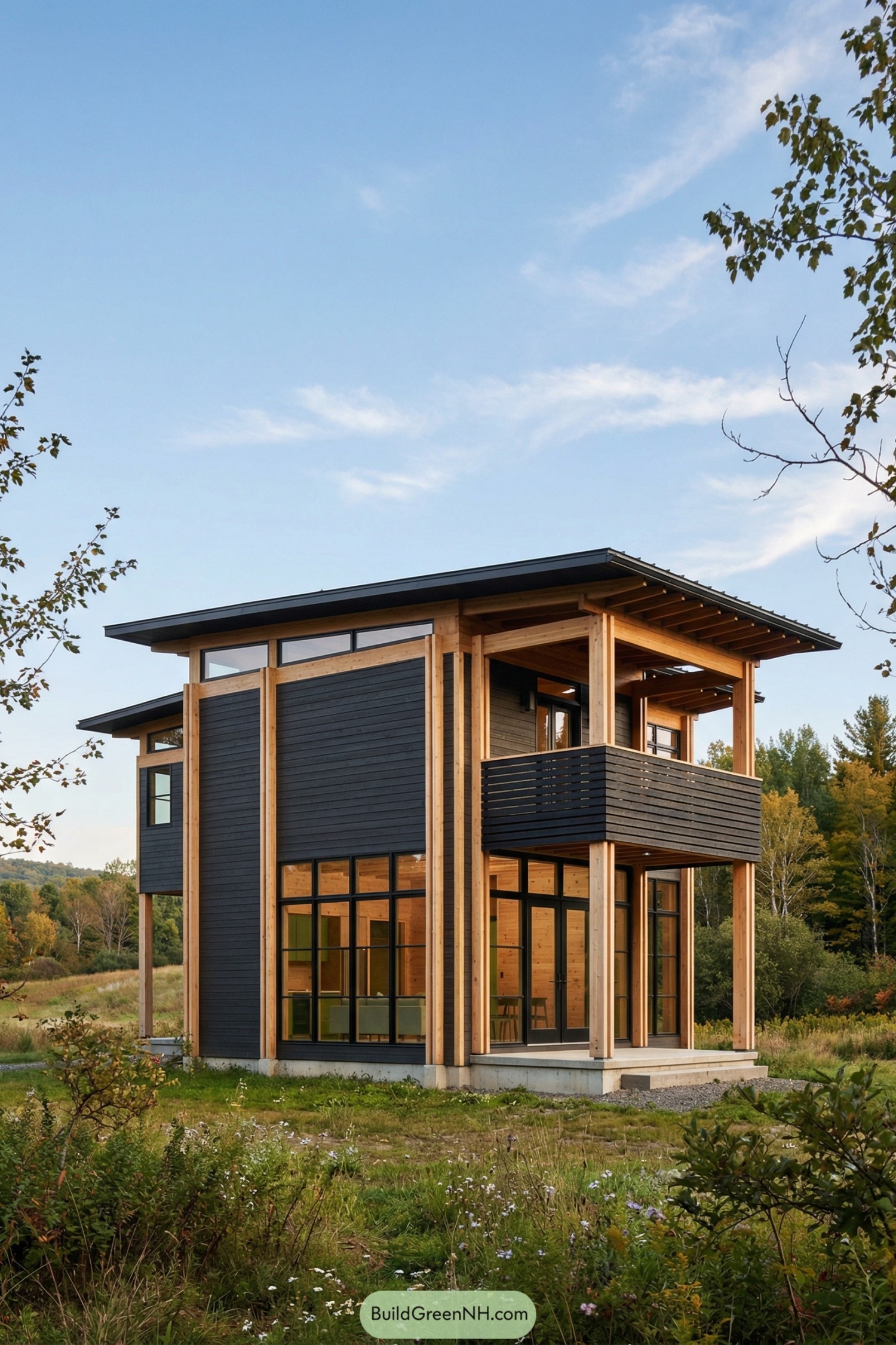 Two story timber cabin with tall black clad walls large windows and an upper balcony set in a grassy clearing