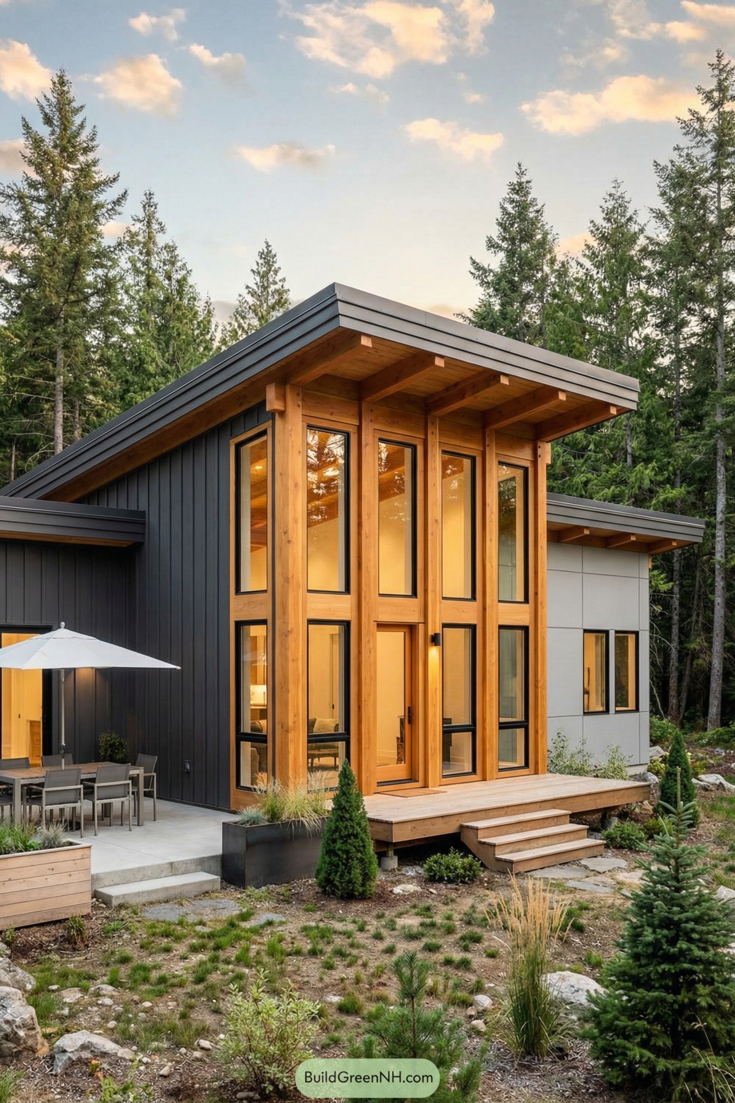 Modern timber cabin with tall glass facade among trees