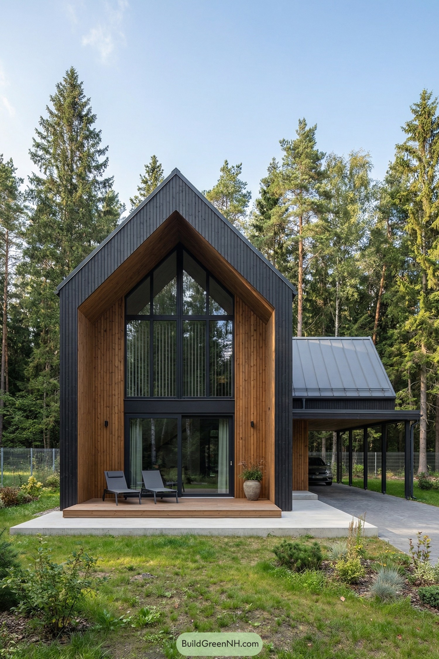 Modern A-frame style cabin with tall black and wood facade, large front windows, and attached open carport in a forest setting