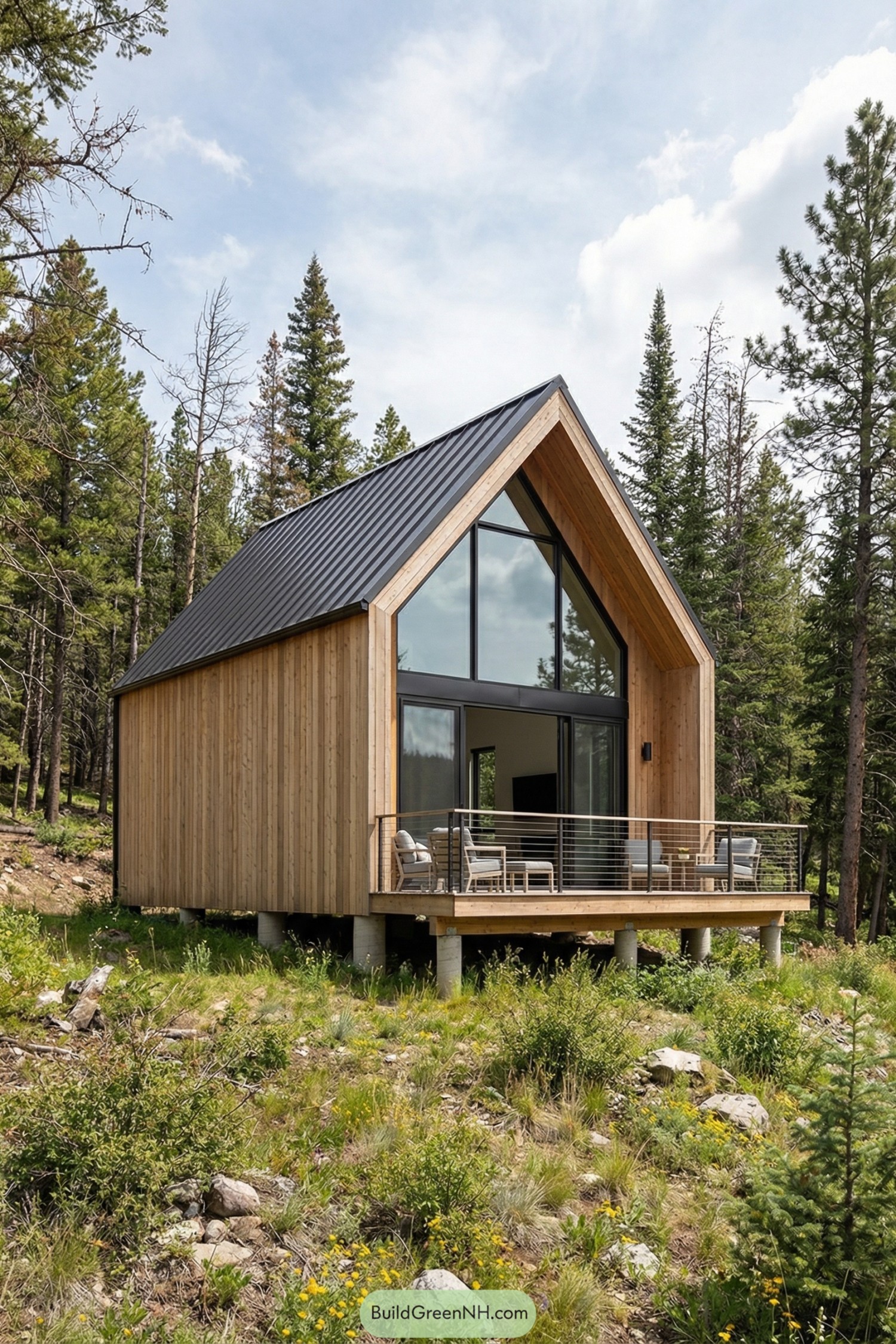 Modern timber cabin with tall gable roof large glass front and elevated deck in a forest clearing