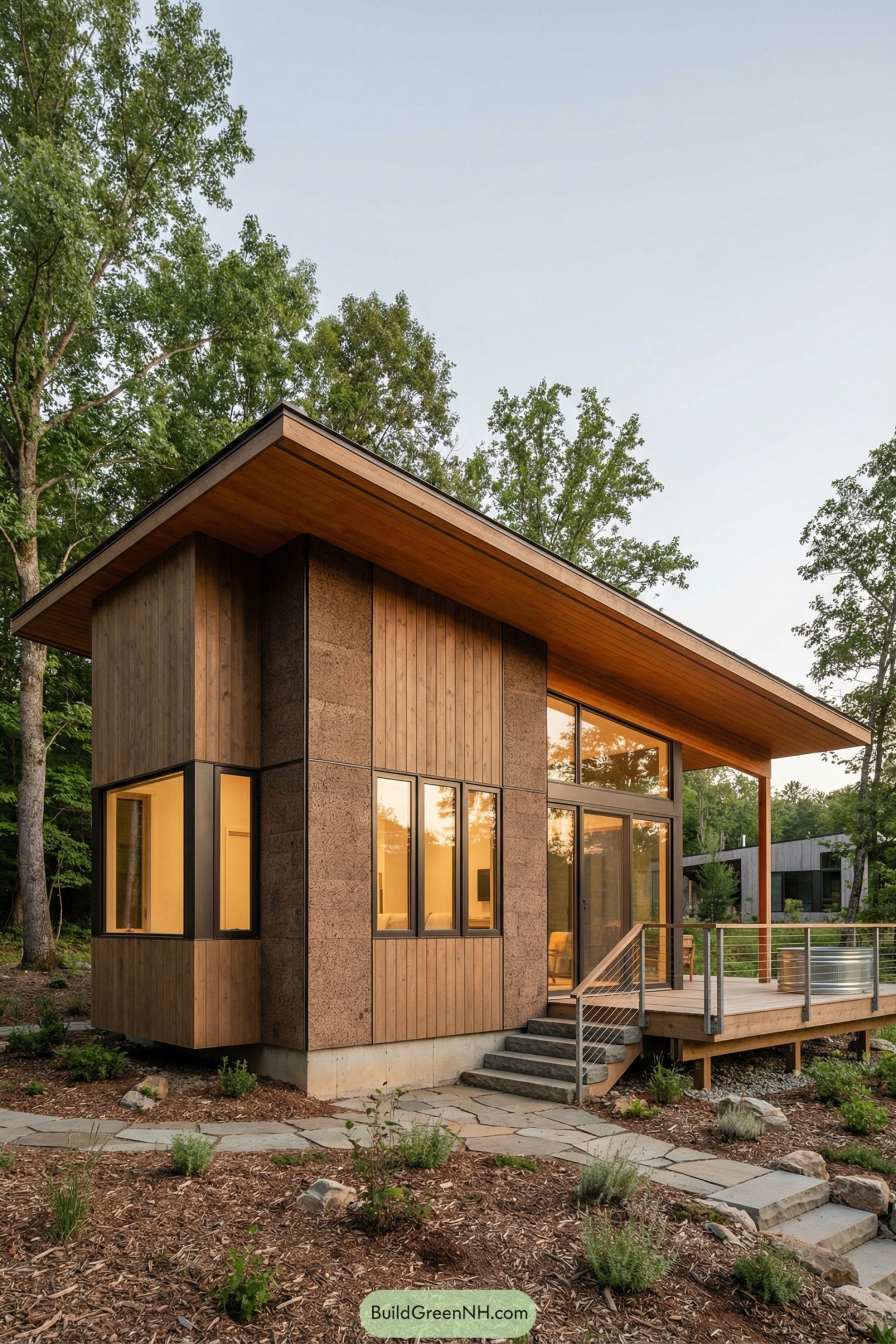 Modern timber cabin with sloped roof and large windows, nestled among trees