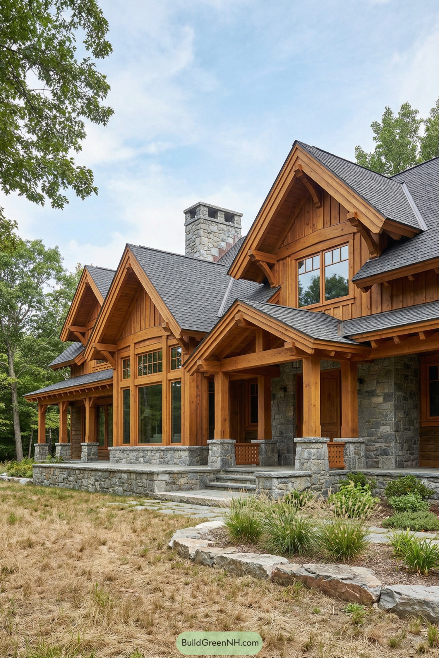Timber and stone cabin with gabled roof and tall windows