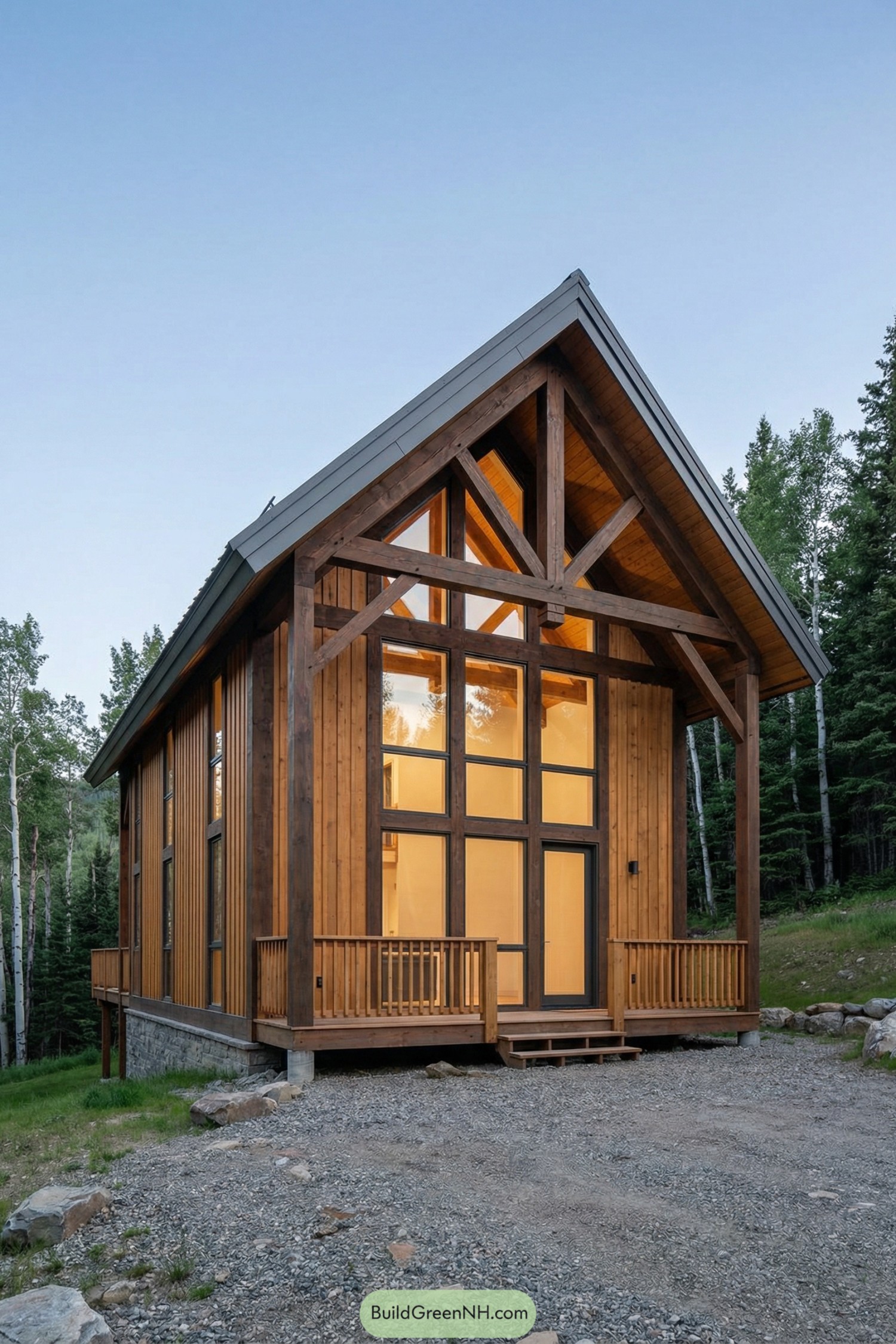Tall timber cabin with large front windows beside woods