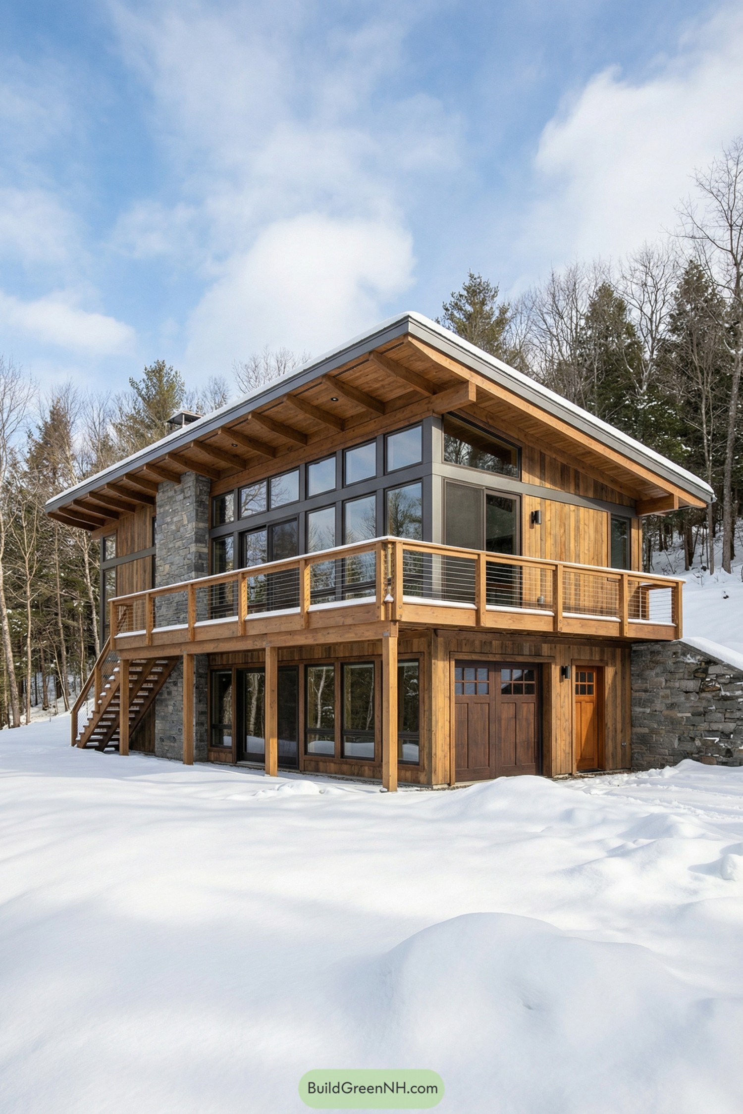 Timber cabin with big windows on snowy hillside