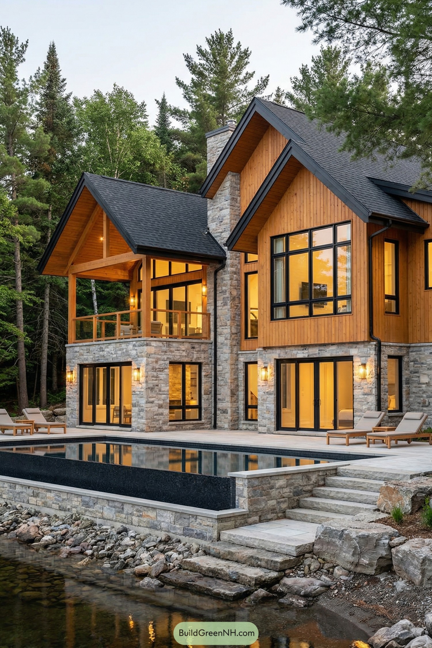 Modern stone and wood lakefront house beside infinity pool