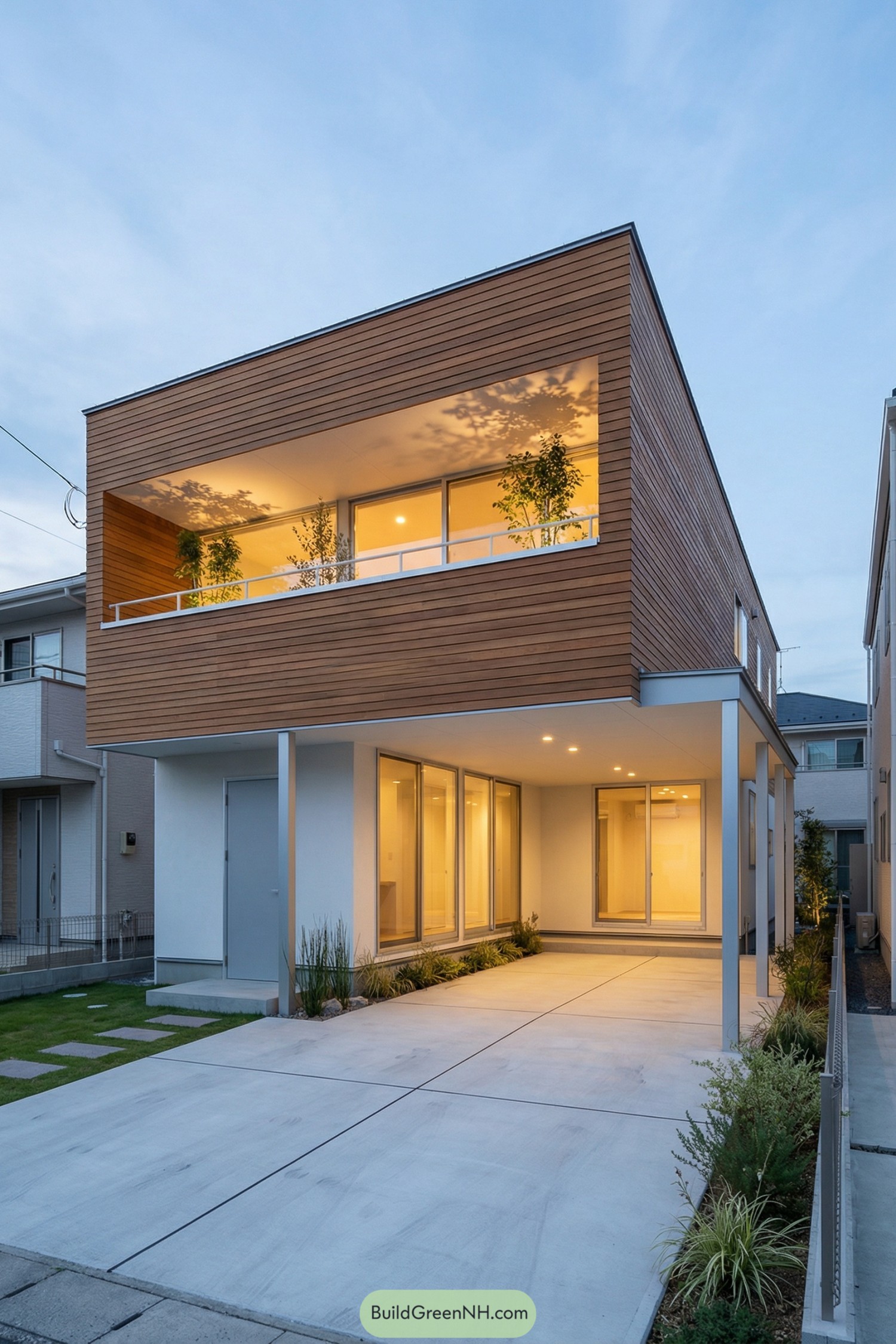 Modern two story house with upper timber facade and recessed balcony above an open ground floor carport. Clean concrete driveway and simple planting frame the bright glass front