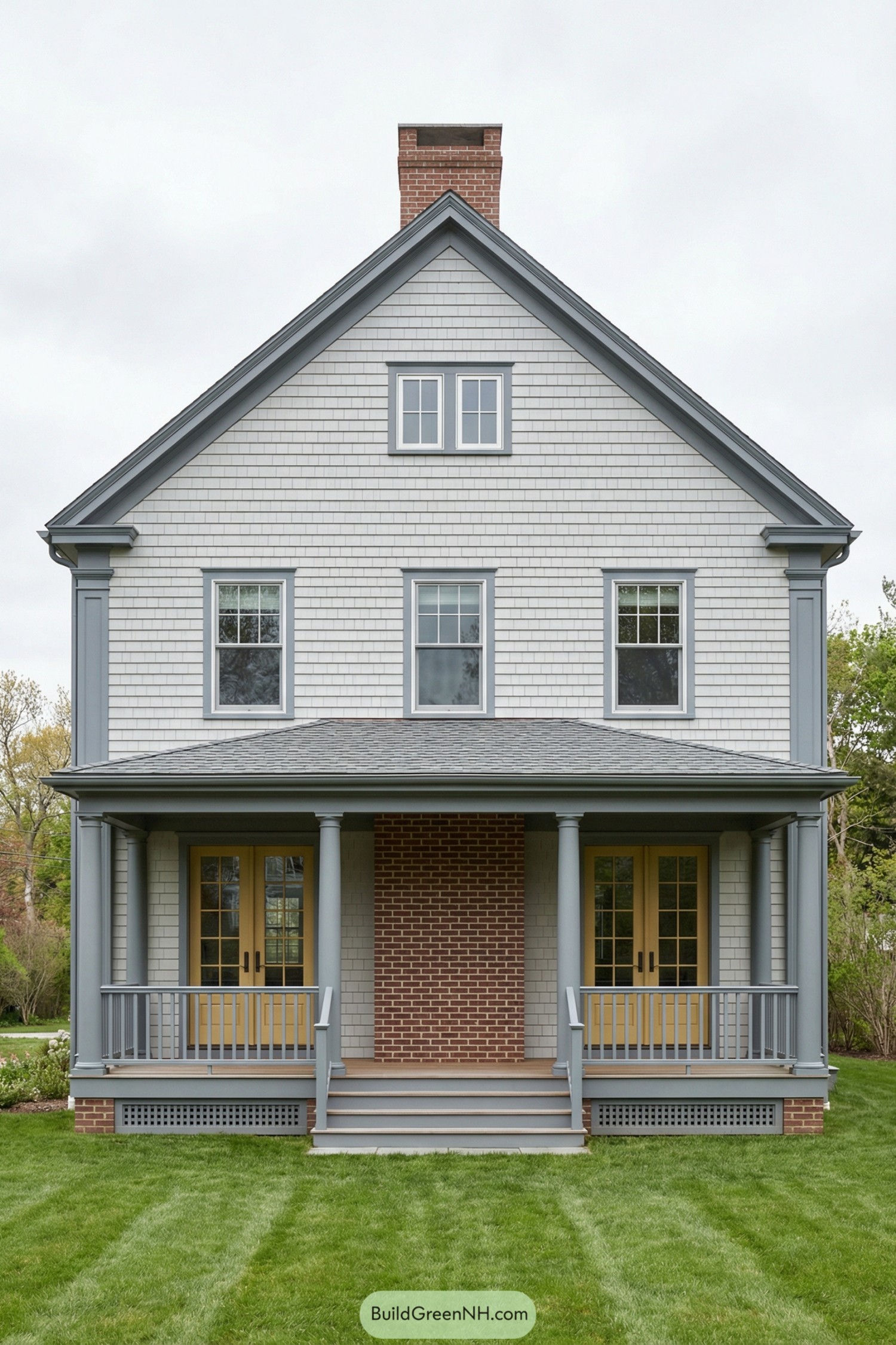Gray shingle colonial with blue trim and twin yellow porch doors