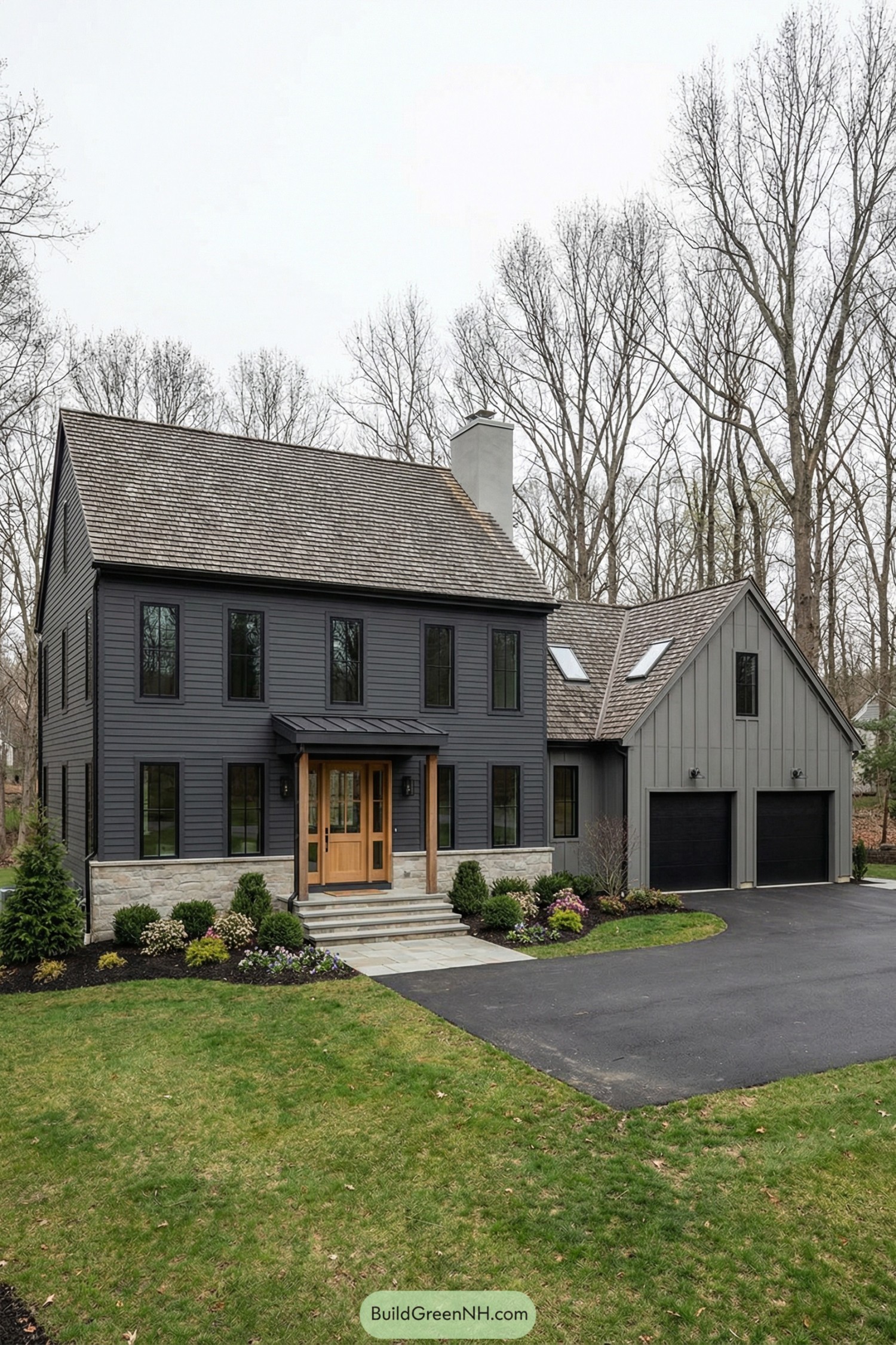 Dark gray modern colonial home with two car garage and wood accented entry