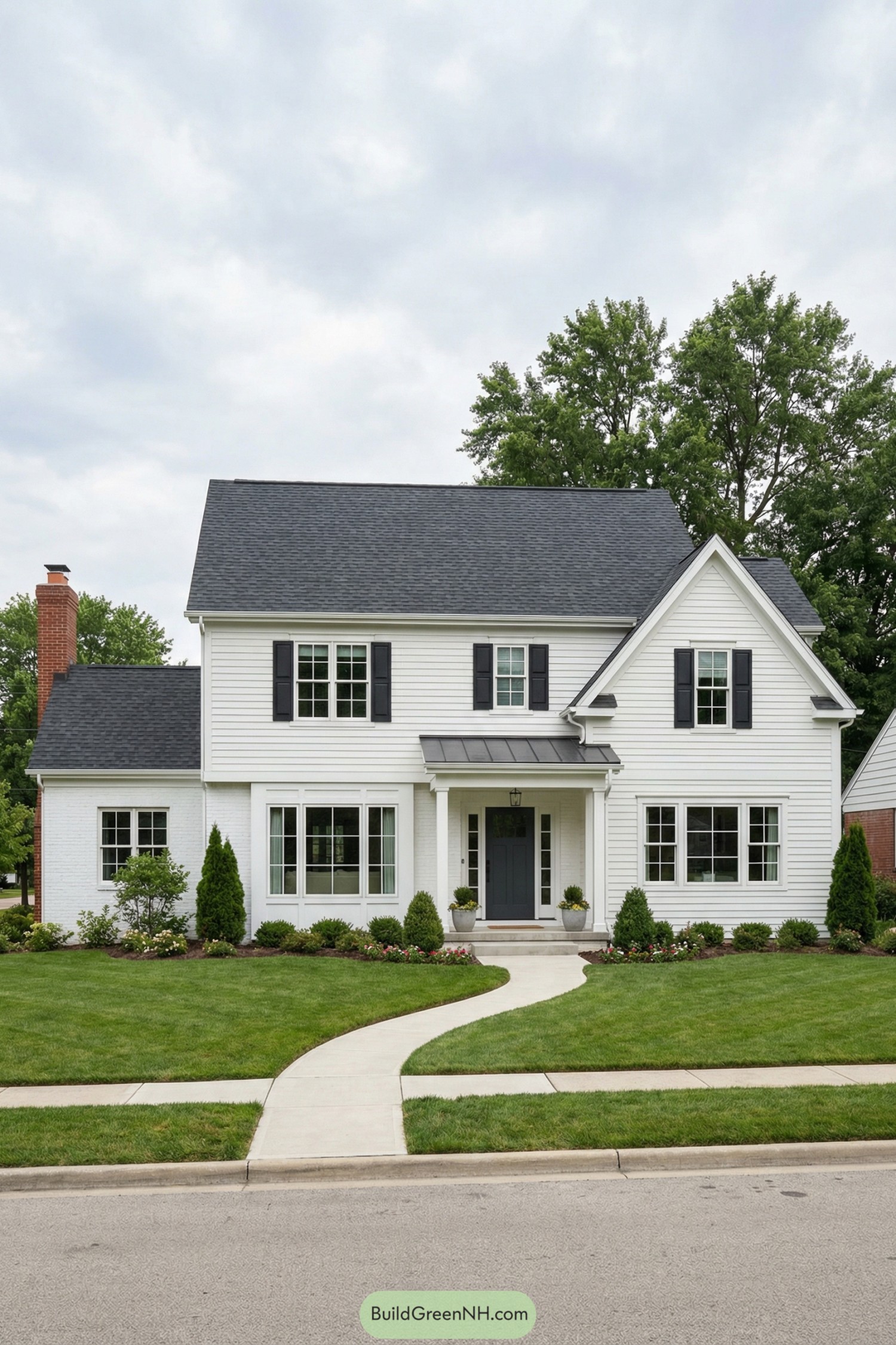 White two story colonial style house with dark roof black shutters and neat front lawn