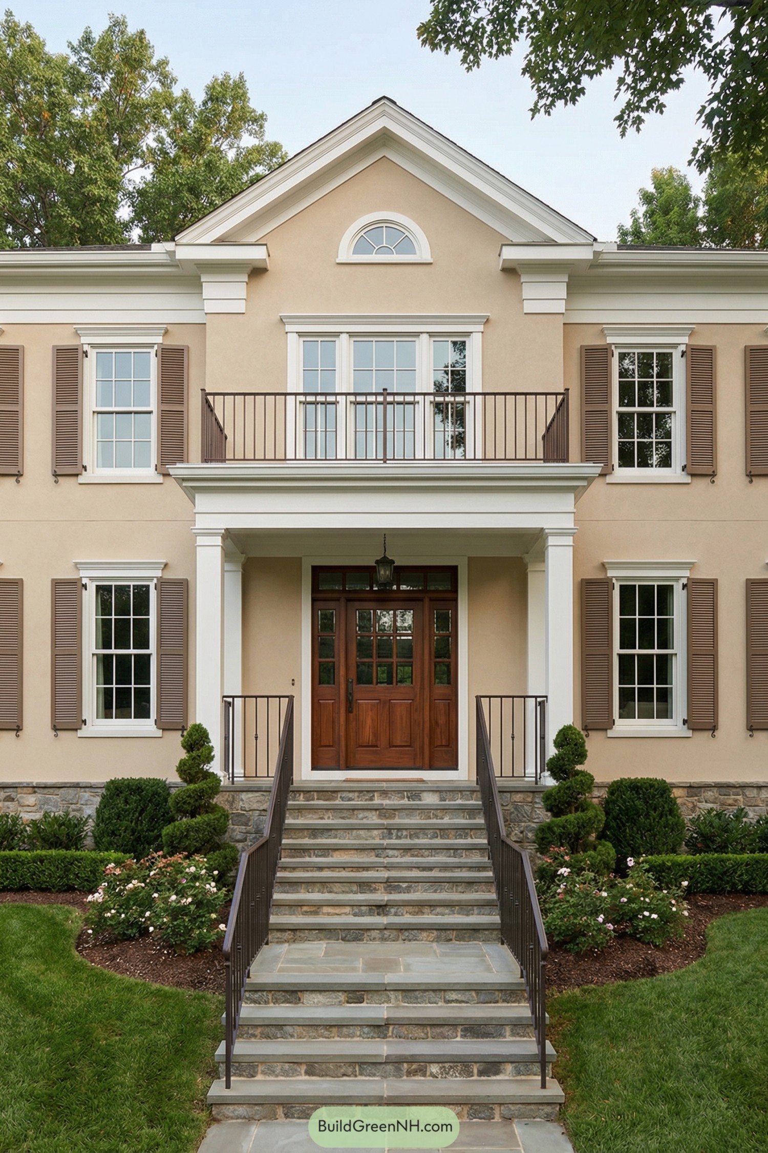 Creamy stucco colonial with brown shutters, balcony, and stone stairway leading to a warm wood front door