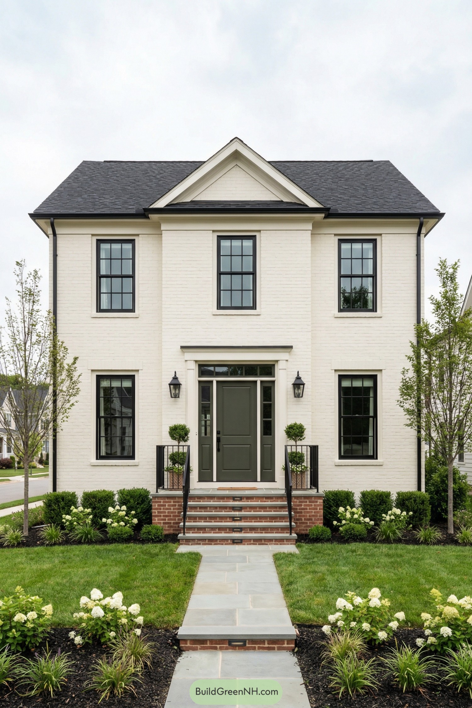 Cream painted brick colonial with dark roof, black windows, and olive front door framed by tidy landscaping
