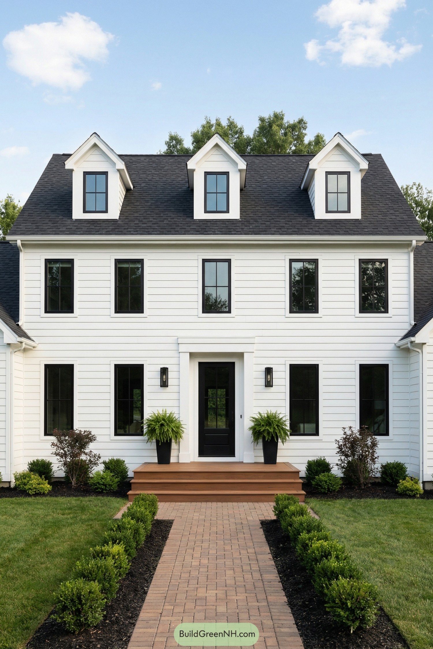 White two story colonial home with black windows and a central entry framed by simple landscaping and a brick walkway