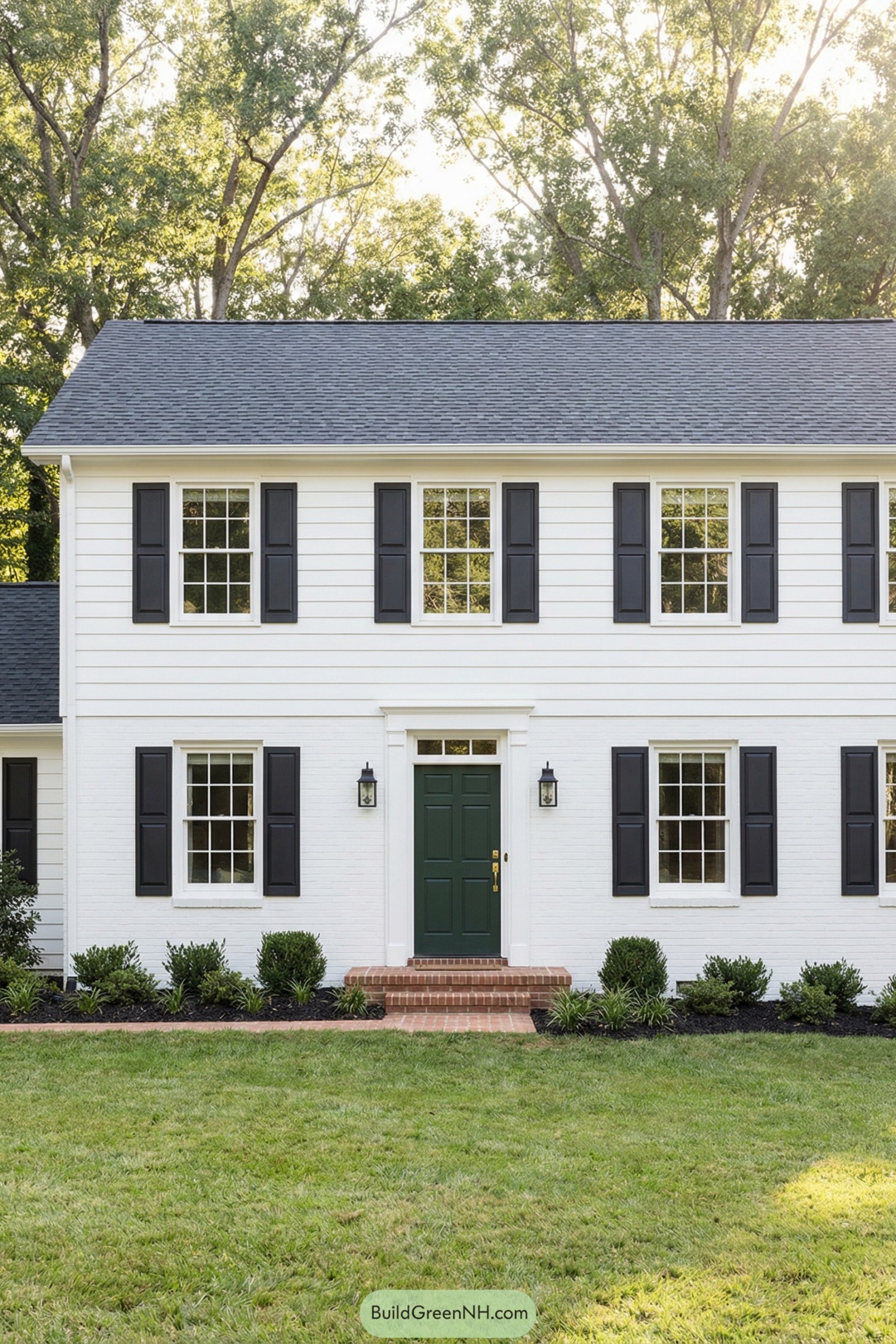 White colonial house with black shutters and a dark green front door