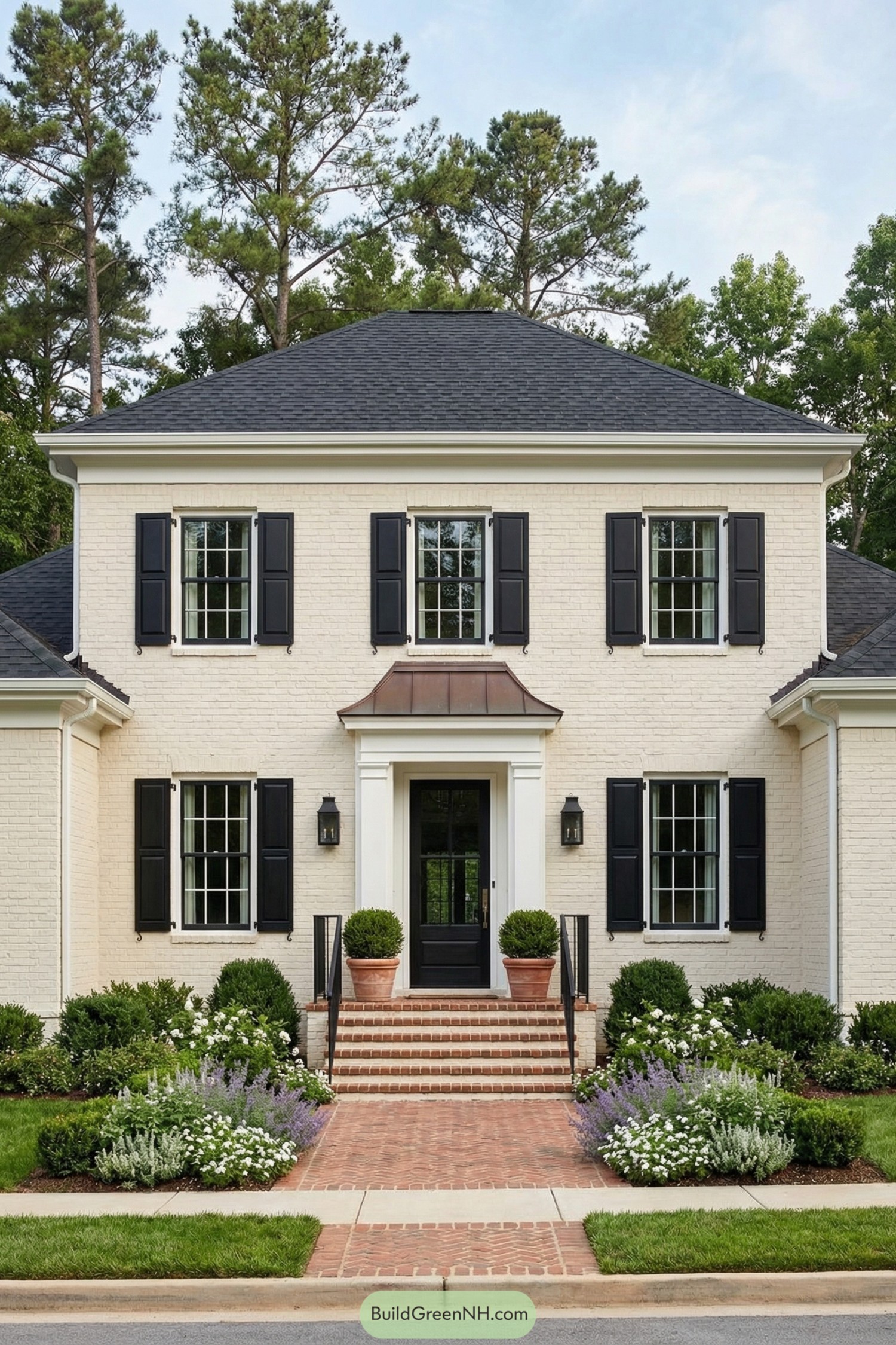 Cream brick colonial home with black shutters, copper awning, and lush front garden