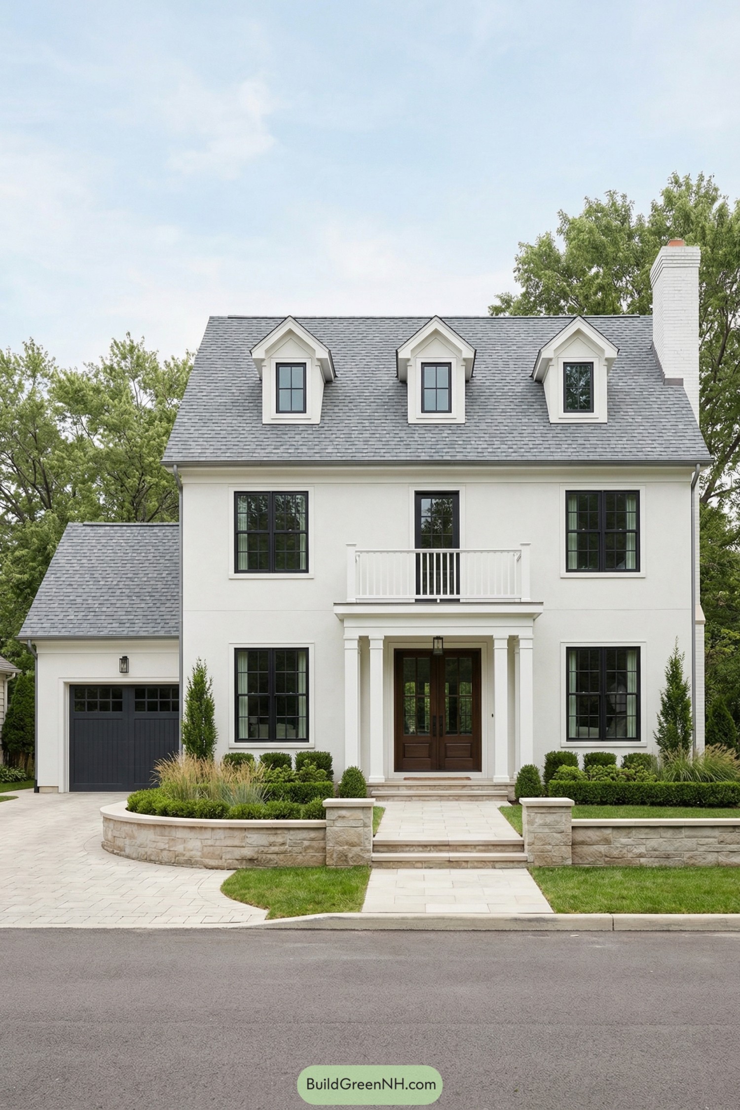 White three story colonial home with dormers black framed windows and manicured front landscaping