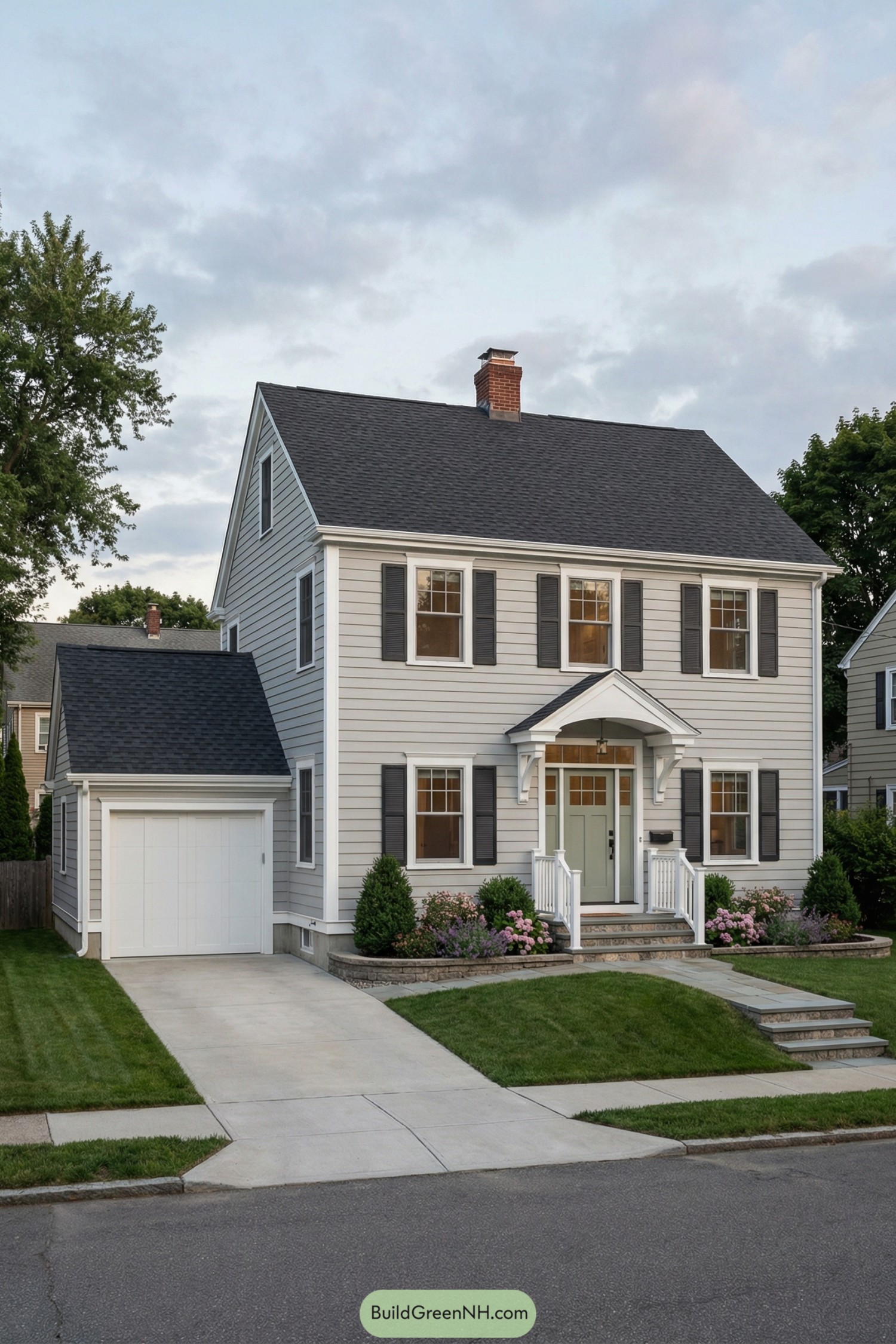 Two story gray colonial home with attached garage