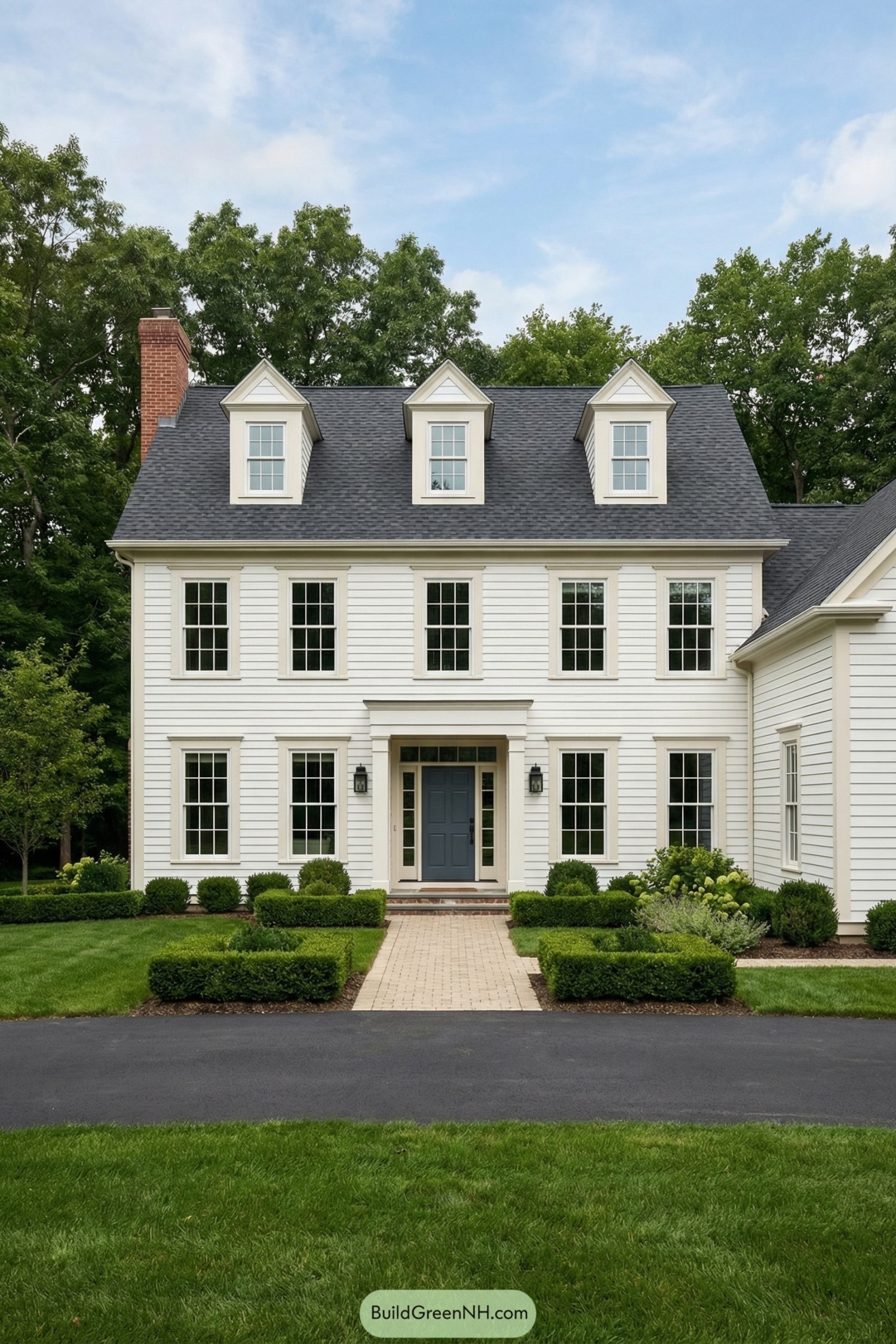 White clapboard colonial home with dark gray roof, blue front door, dormer windows, and manicured boxwood landscaping