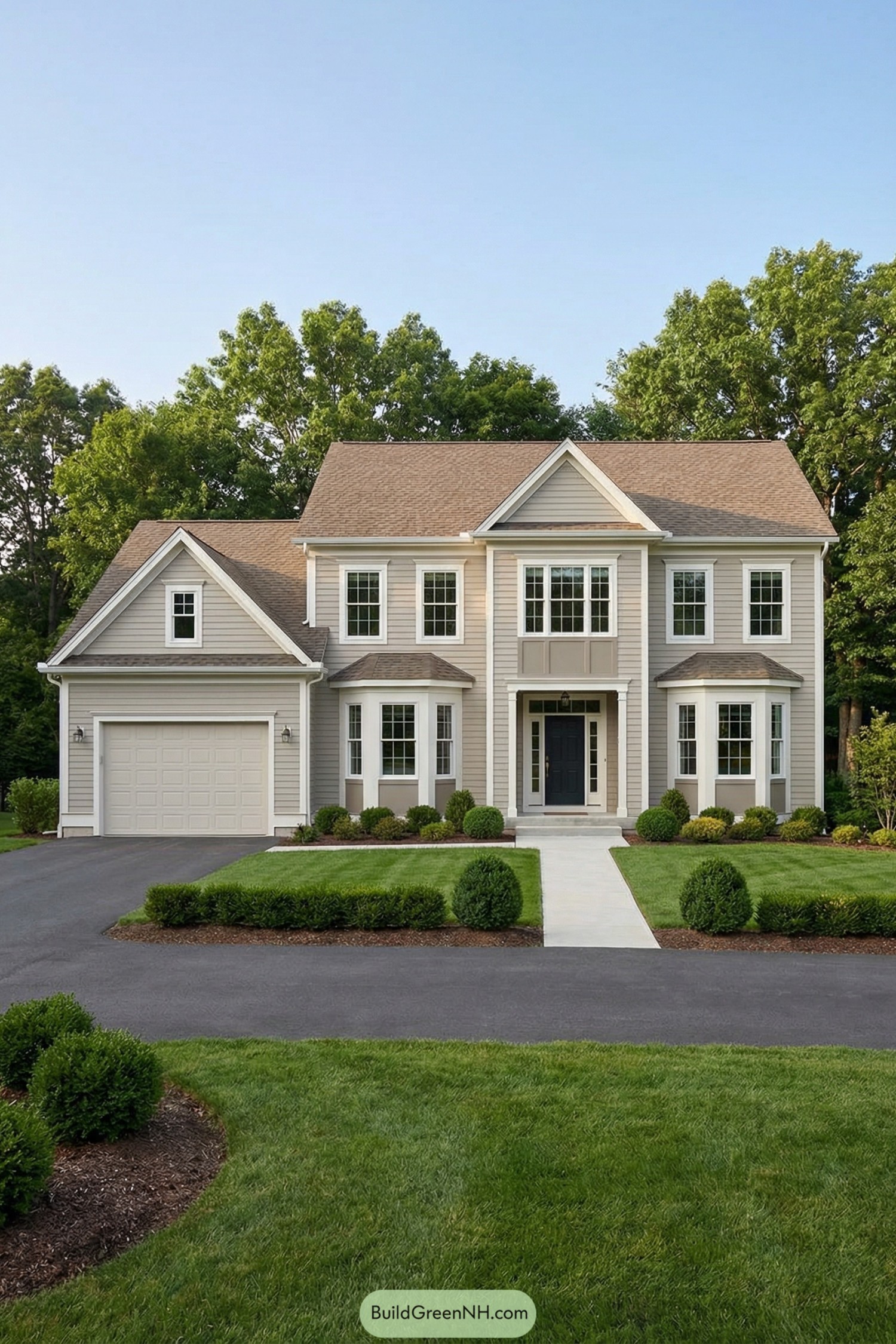 Two story taupe sided colonial home with attached garage neat boxwood landscaping and wide front walkway