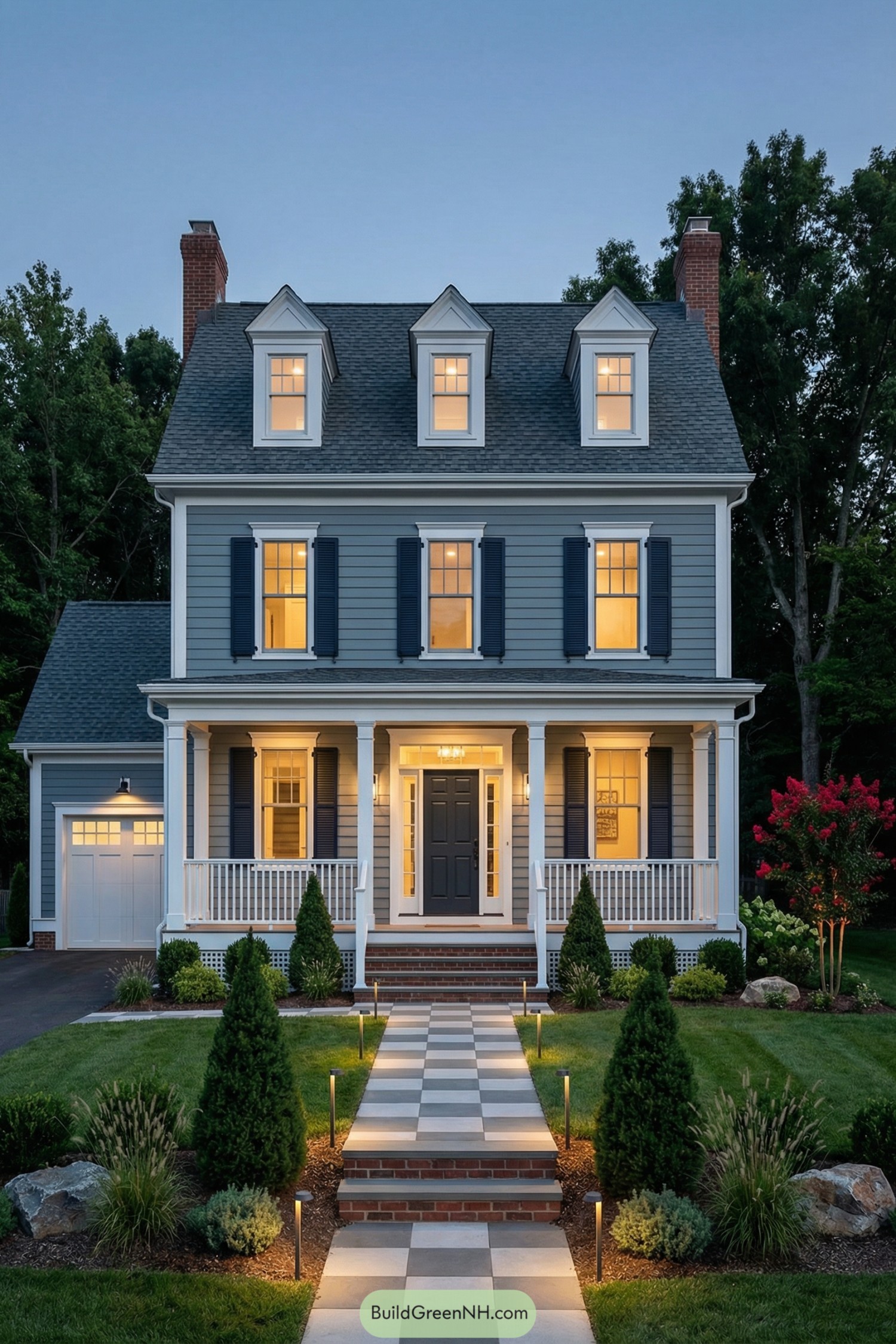 Two story blue gray colonial home with white trim warm windows and manicured front walk at dusk