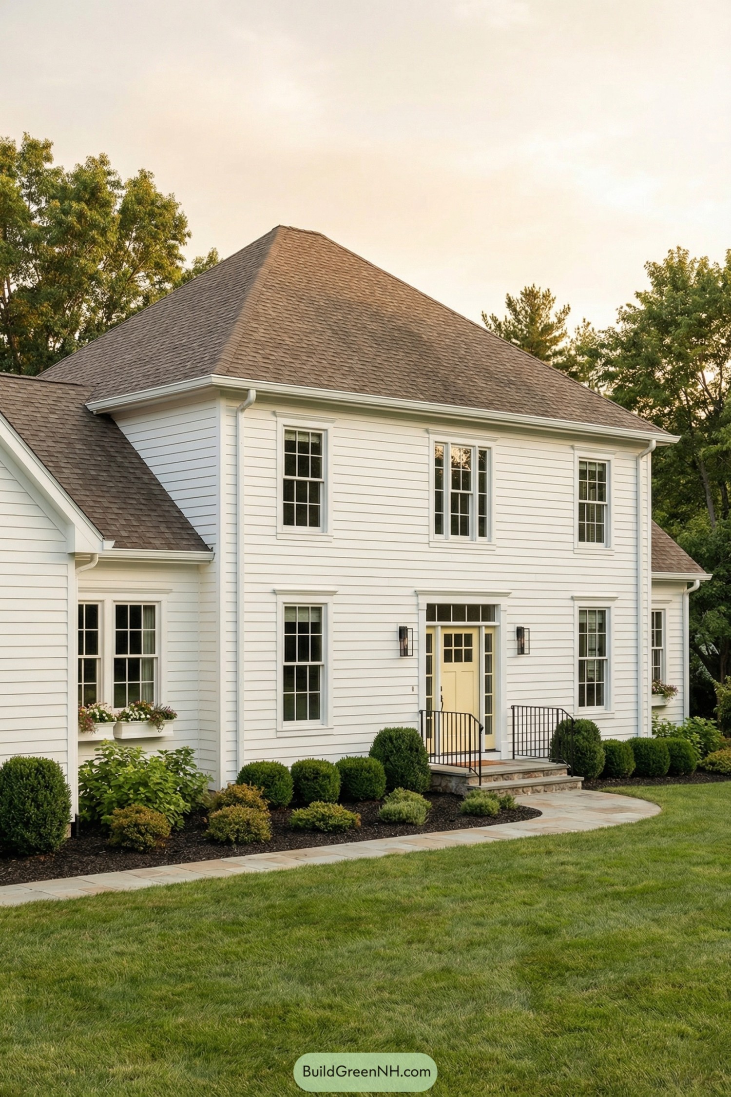 White colonial house with soft yellow front door, black railings, and manicured green landscaping