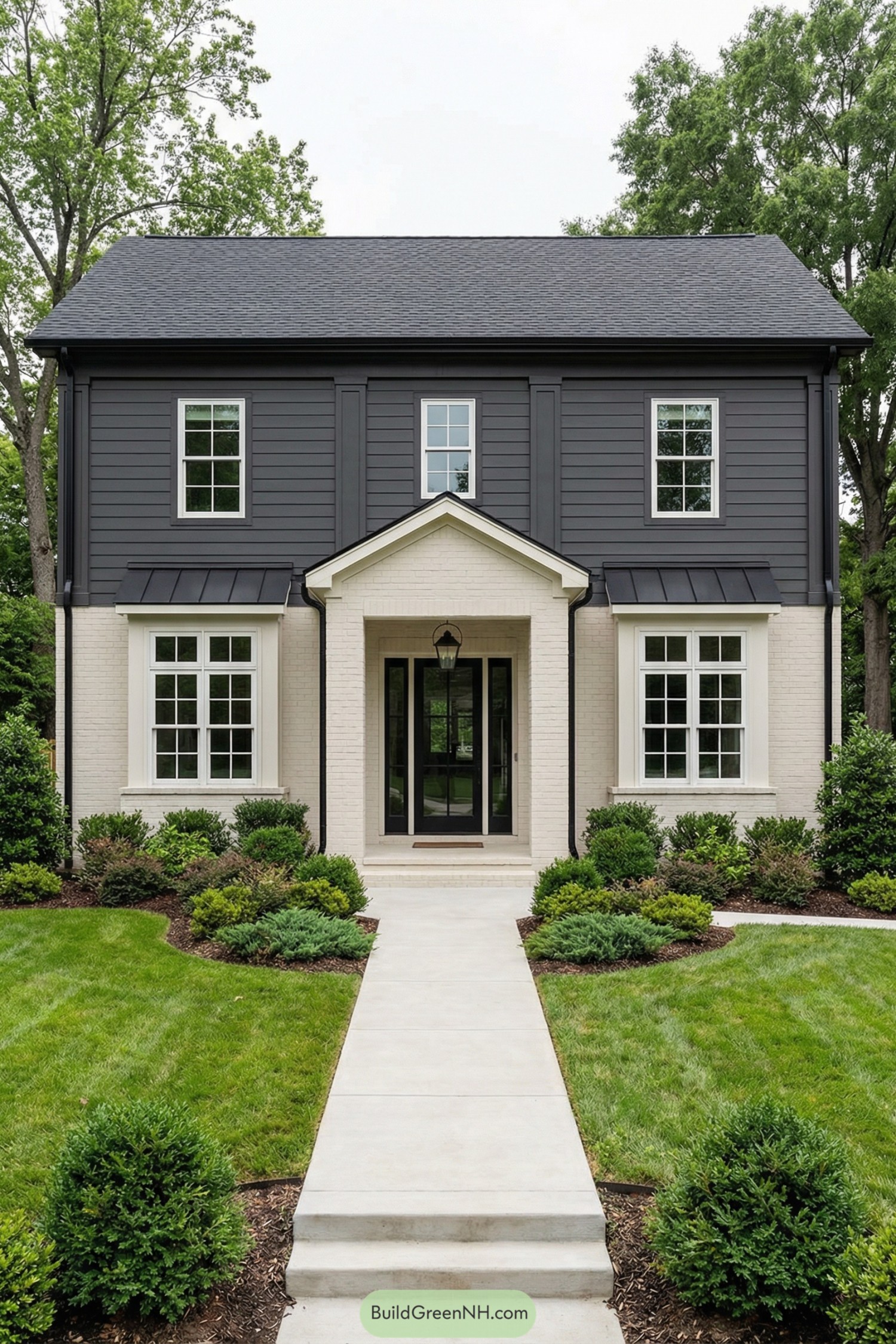 high-res photo of Modernized Colonial Exterior, symmetrical two-story facade with central projecting entry pavilion, upper level clad in dark charcoal horizontal lap siding, lower level in light warm-white painted brick, strong vertical pilaster effect framing the entry; muted contrast color palette of charcoal, soft white, and black accents. Rectangular boxy massing with a straight front wall, slightly overhanging eaves, and a centered front bay projecting a few feet toward the street. Materials include smooth painted brick at ground floor, fiber-cement or wood lap siding above, black metal trim, dark standing-seam metal awnings, and architectural asphalt shingle roofing. Low-pitch main roof with shallow eaves and clean fascia lines, matching dark gray shingles; two symmetrical shed-style standing-seam metal roofs over the large ground-floor windows; small gabled roof over the central entry supported visually by the brick-clad side walls. Windows in a modernized colonial grid pattern: three evenly spaced second-floor windows with multiple small panes and white trim, narrower central window aligned above the entry; two large floor-to-ceiling multi-pane windows flanking the door on the first floor, creating balanced symmetry. Central front door in black with full-height glass panels and sidelights, simple white trim, rectangular transom-like opening above, and a hanging lantern-style light under the gabled entry. Outdoor area with wide straight concrete walkway and shallow entry steps, bordered by low evergreen shrubs and layered planting beds; neatly edged green lawn in front, soft curves at the planting borders. Landscaping includes dense foundation plantings, low hedges, mixed shrubs, and dark mulch, with mature deciduous trees framing the house and filtering light from above. Surrounding environment is a quiet residential street with partial view of neighboring fences and tree canopy, background softened by foliage; overall scene composed at eye level, centered on the front elevation, with overcast soft daylight and slightly cinematic contrast. single real-life photo, high-resolution, architectural photography, soft lighting, cinematic composition, strictly no collages
