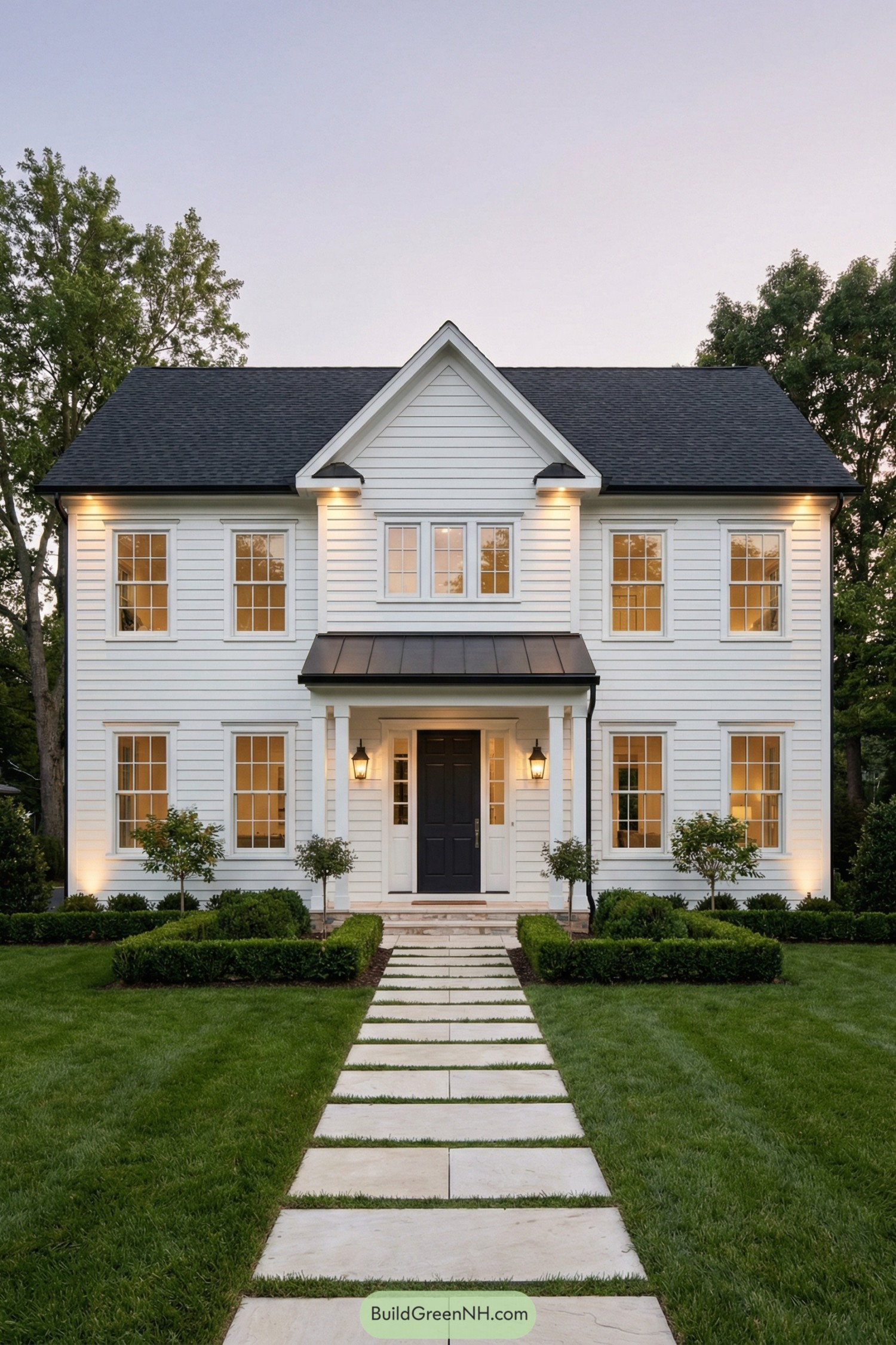 White two story colonial home with black roof and a central path leading to a lit front porch