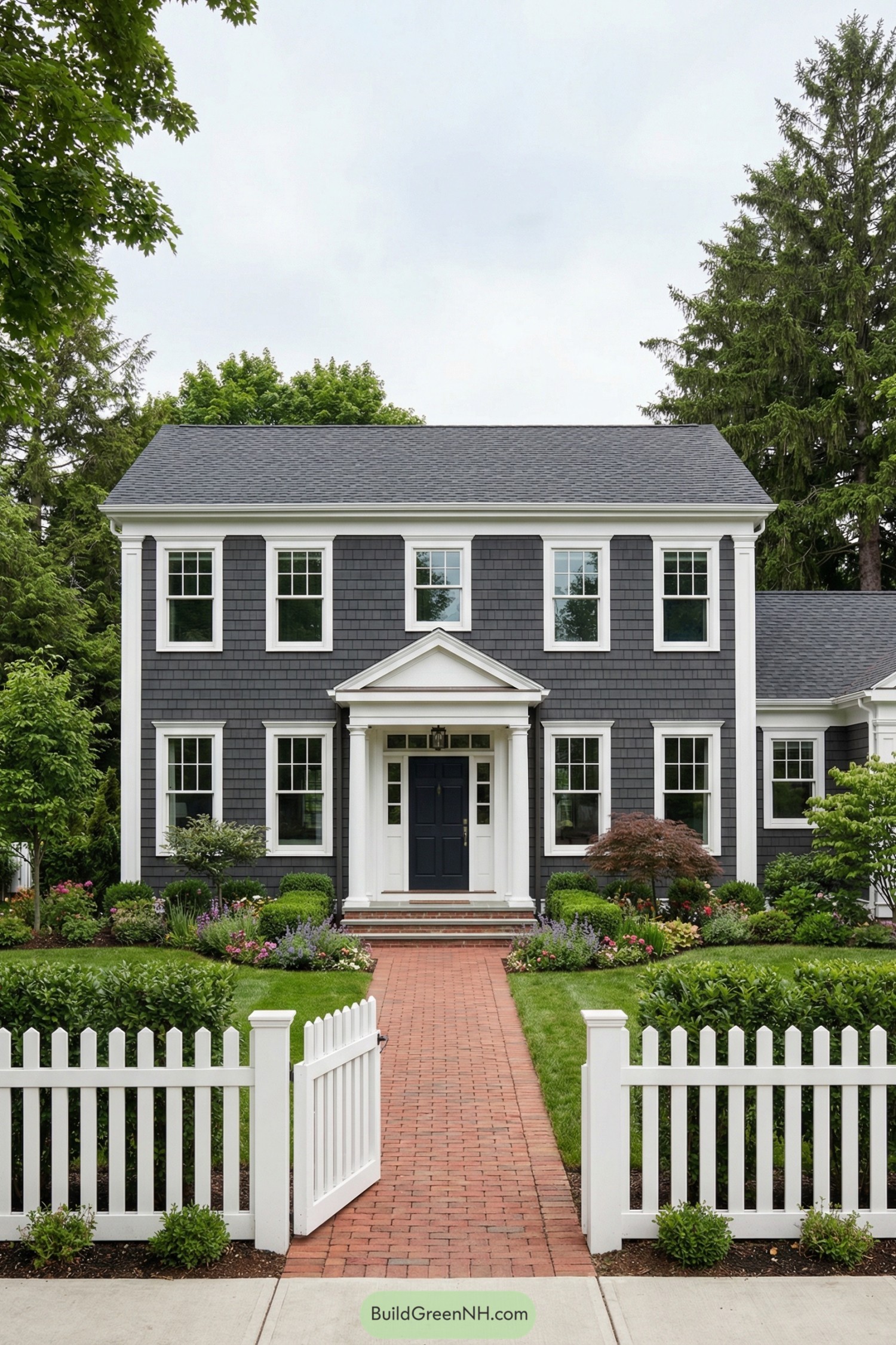 Dark gray shingle colonial with white trim and brick walkway framed by lush landscaping and a white picket fence