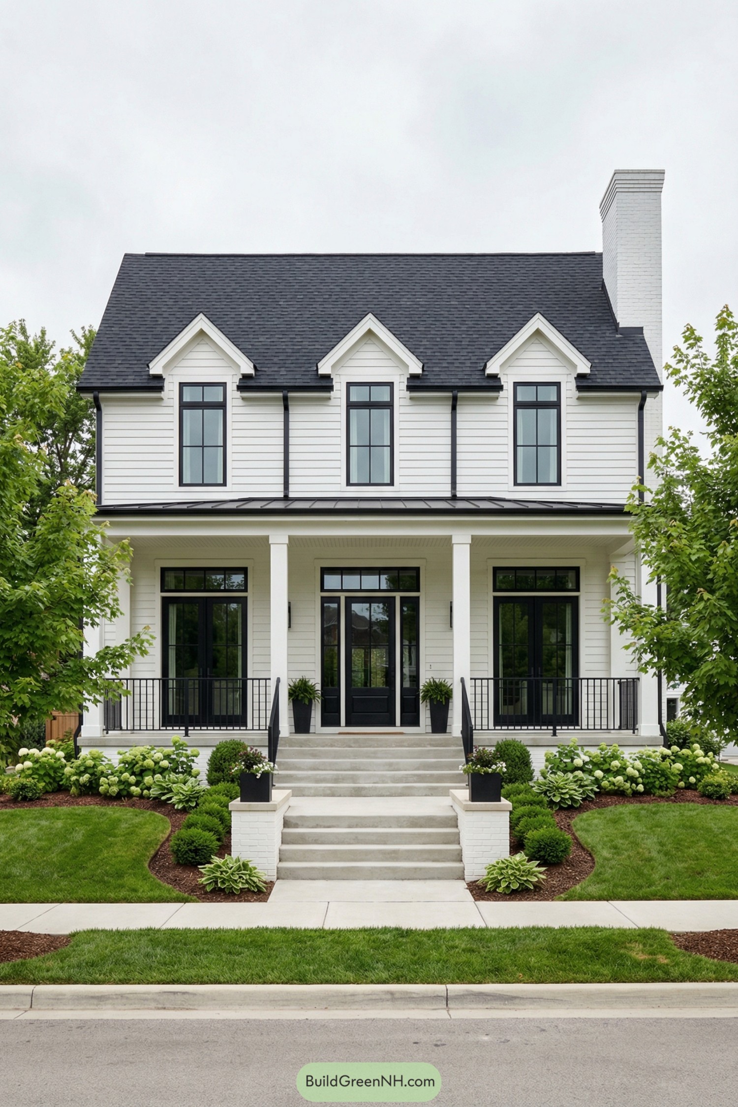 White two story colonial home with black trim, tall windows, and a welcoming front porch framed by neat green landscaping