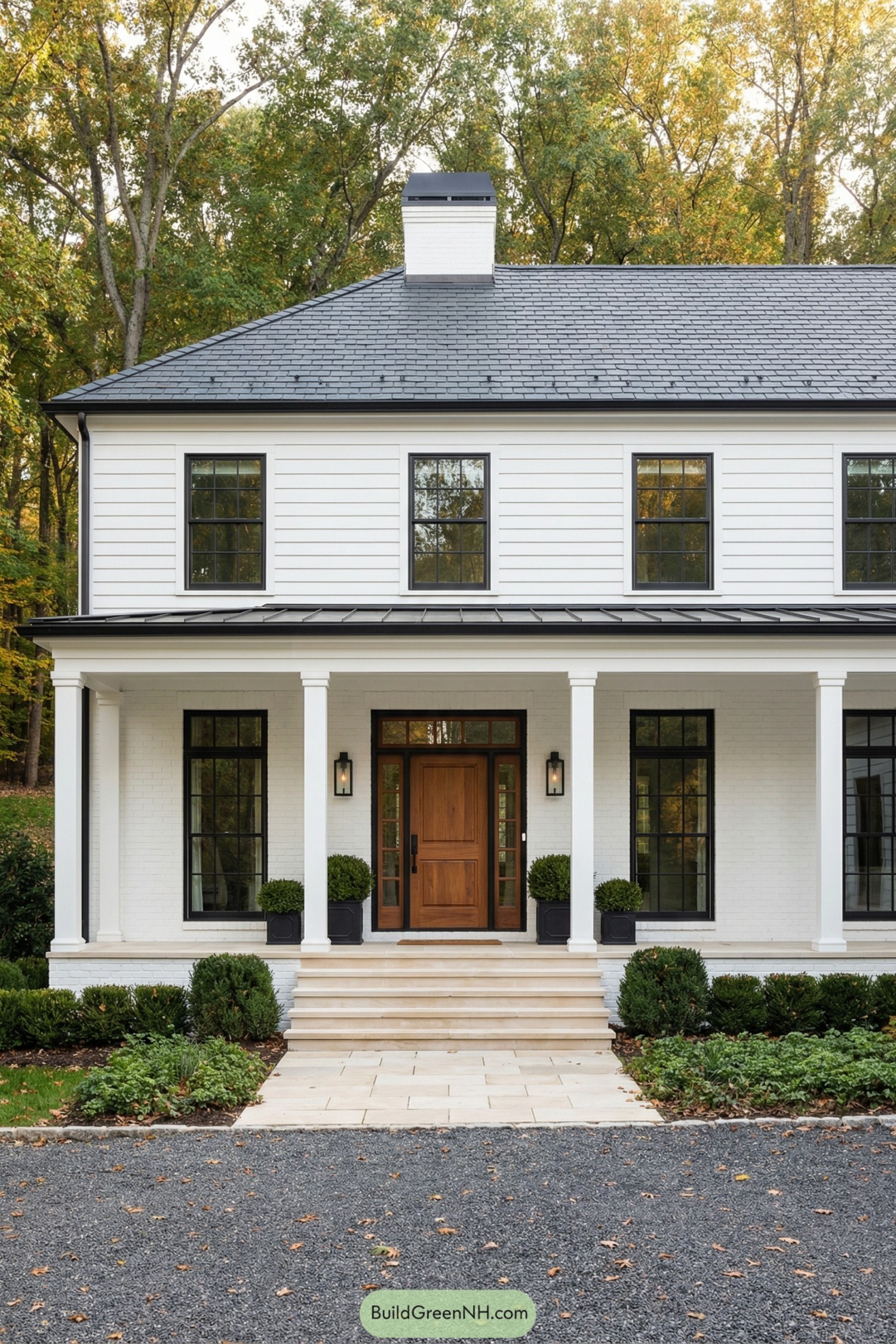 White modern colonial home with black windows and warm wood front door