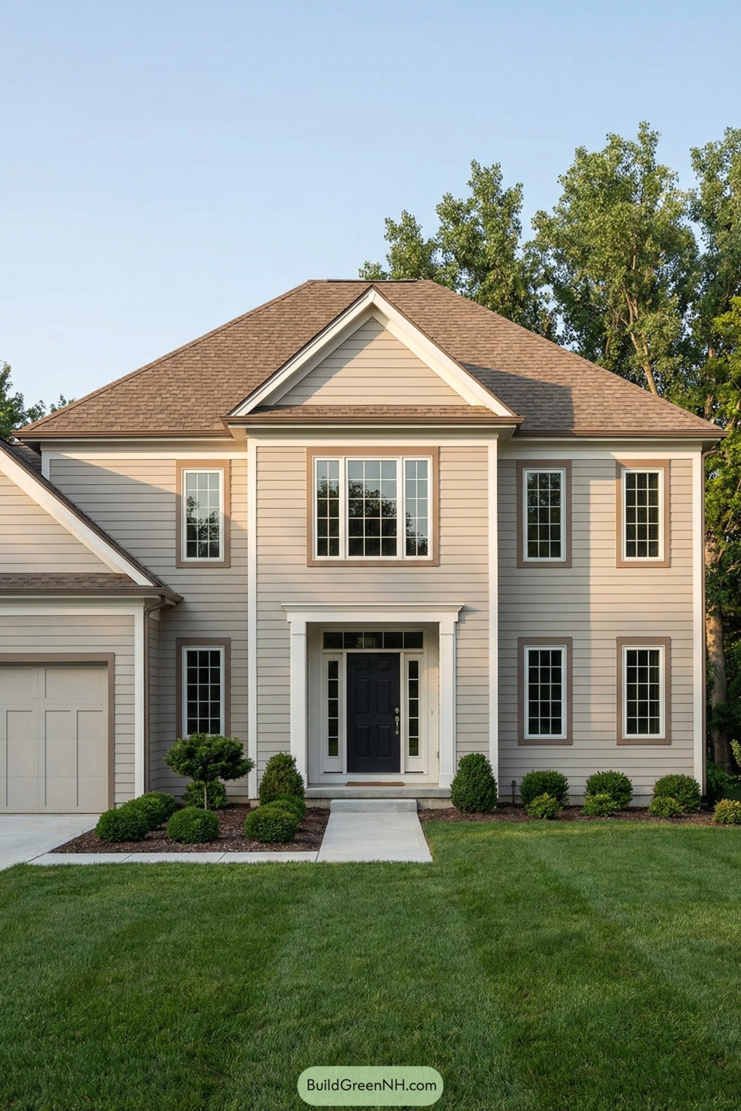Two story beige colonial style house with black front door and simple landscaping