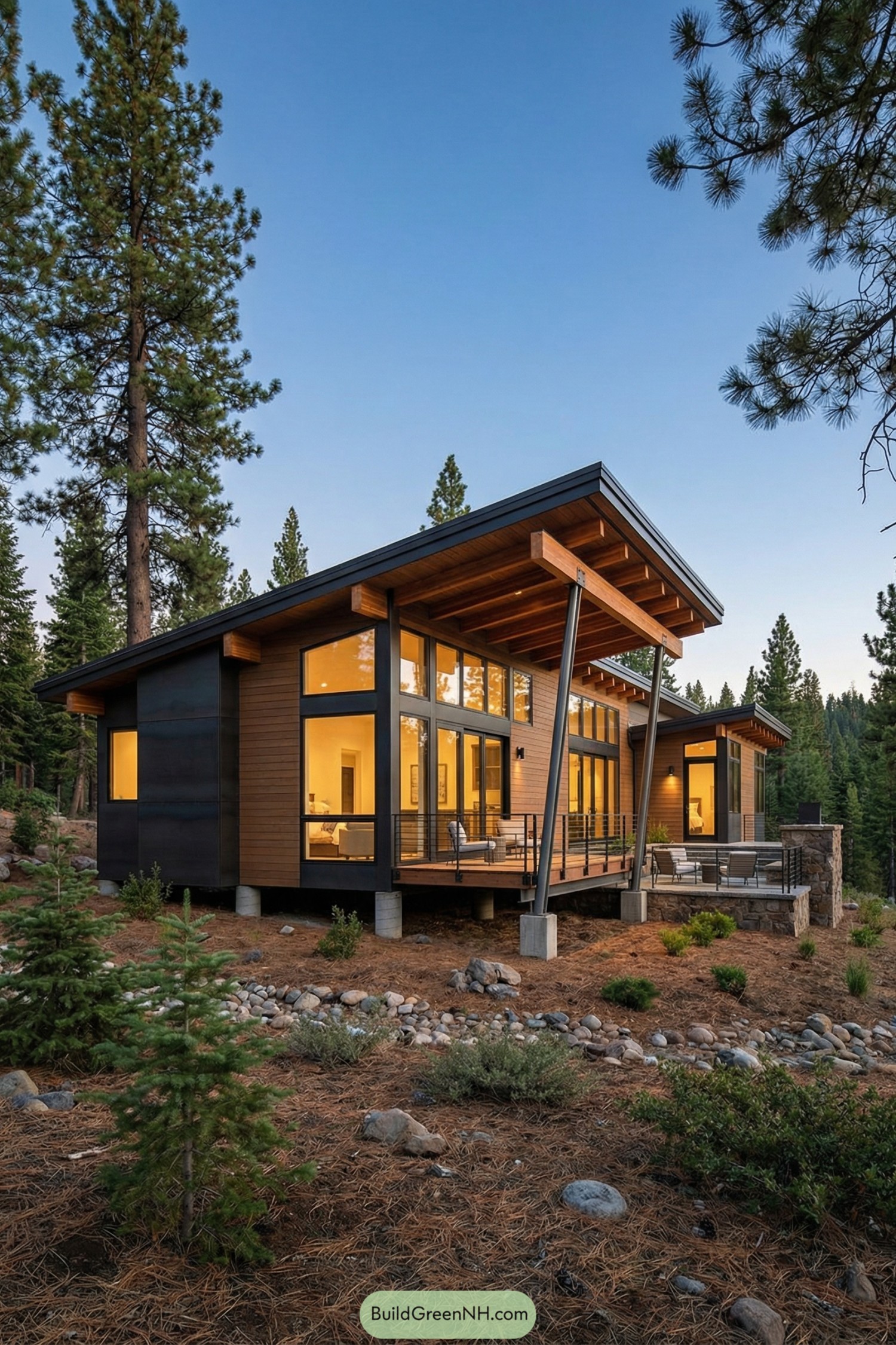 Modern forest house with large windows and wood siding at dusk