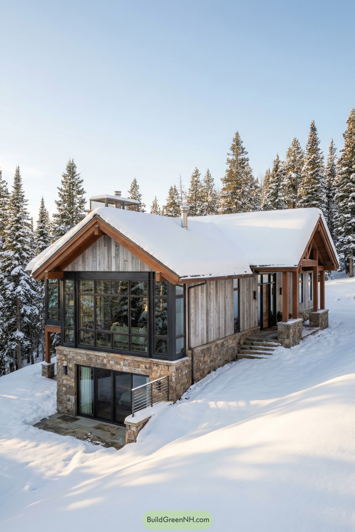Modern cabin with glass walls in snowy forest