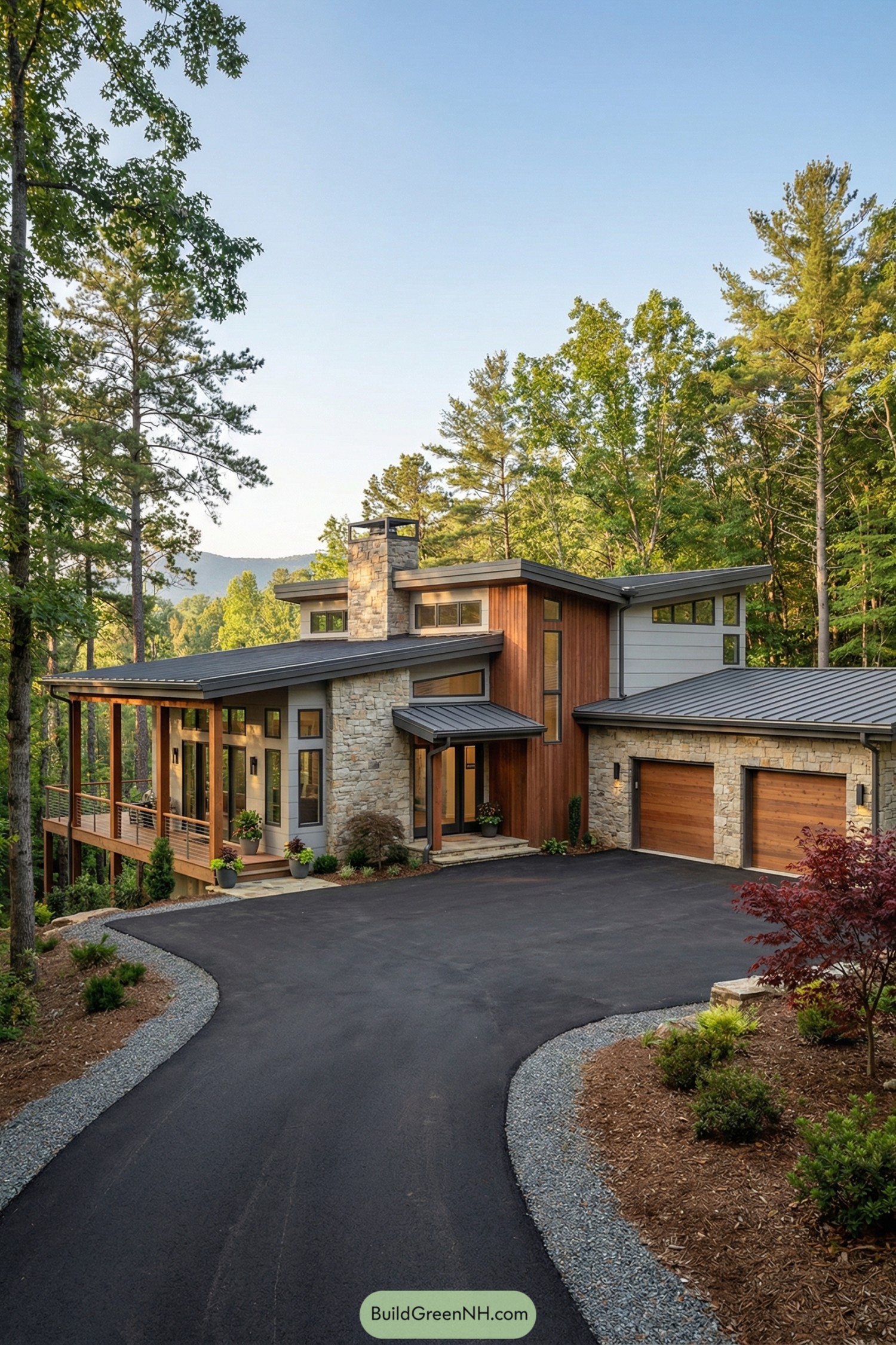 Modern wood and stone house in forested mountains