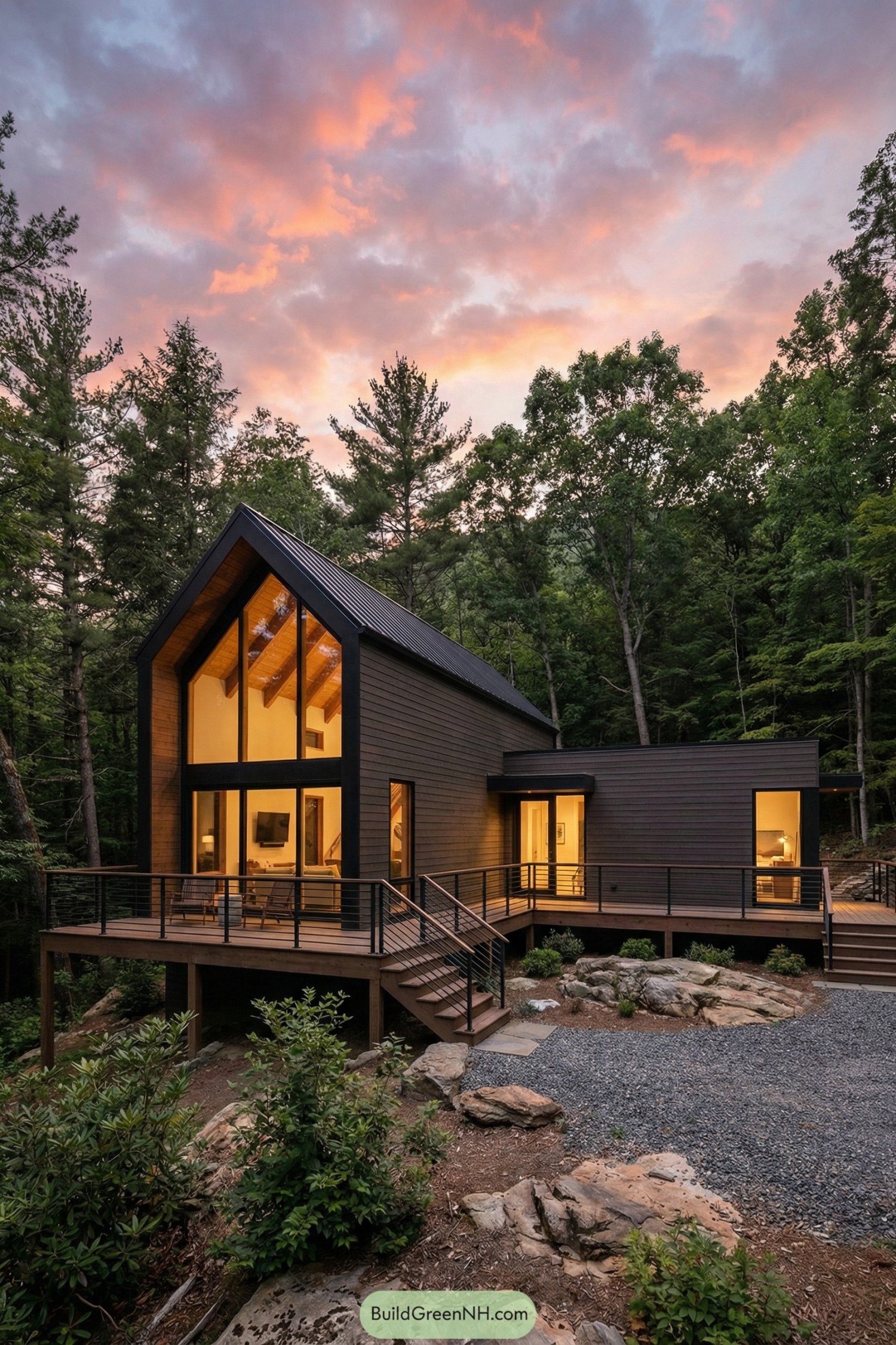 Modern dark wood cabin with expansive glass facade surrounded by trees at sunset