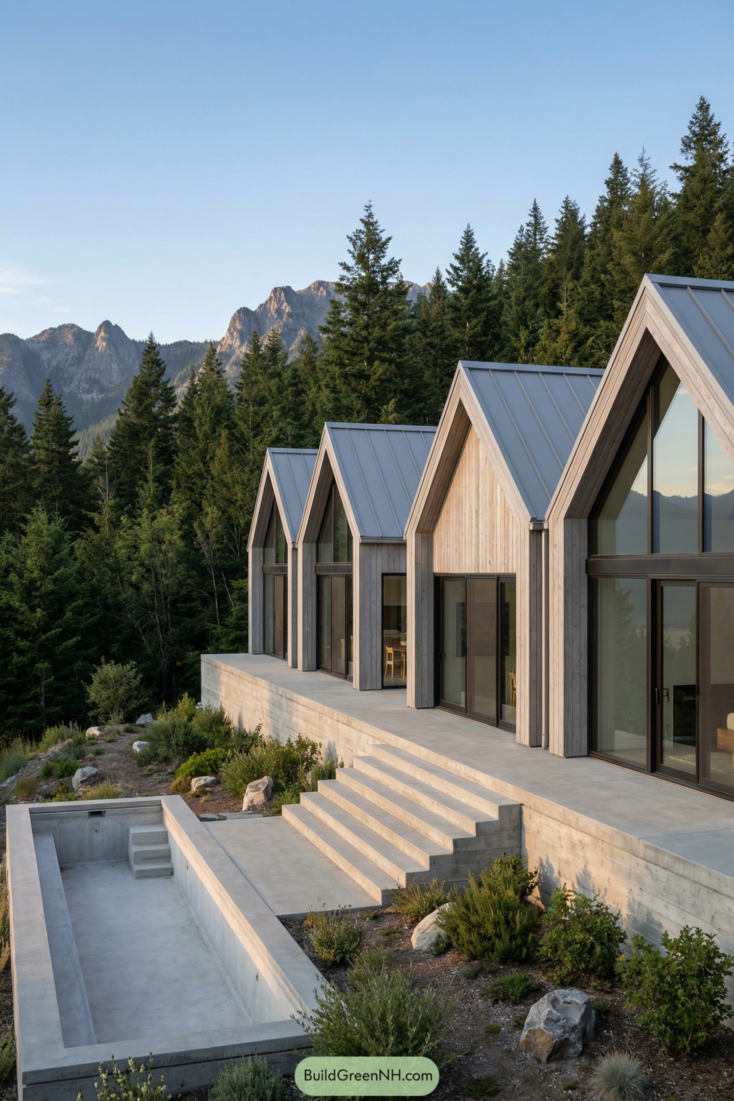 Modern gabled forest home with stepped terrace and empty lap pool overlooking mountains