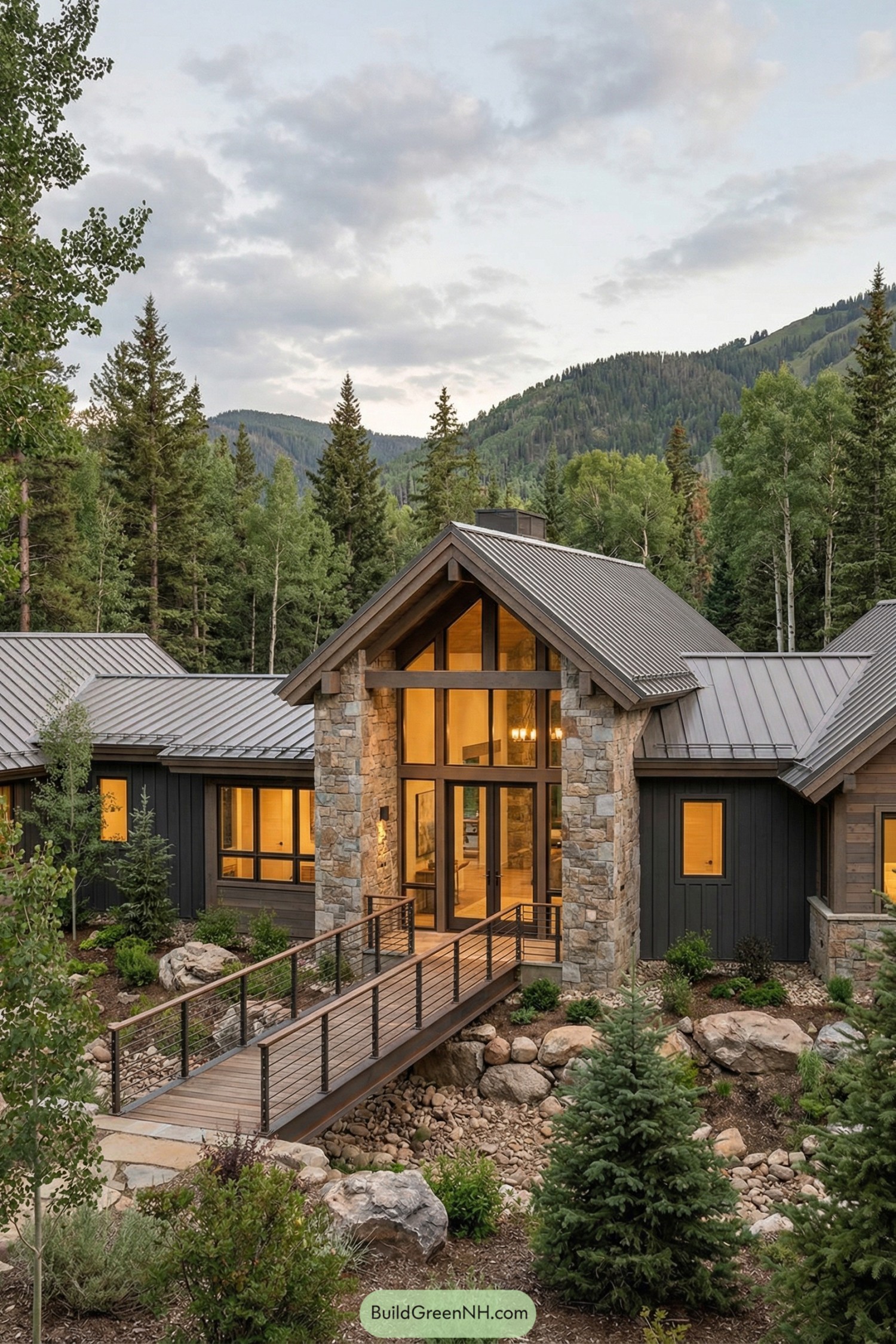 Modern mountain house with stone facade and entry bridge