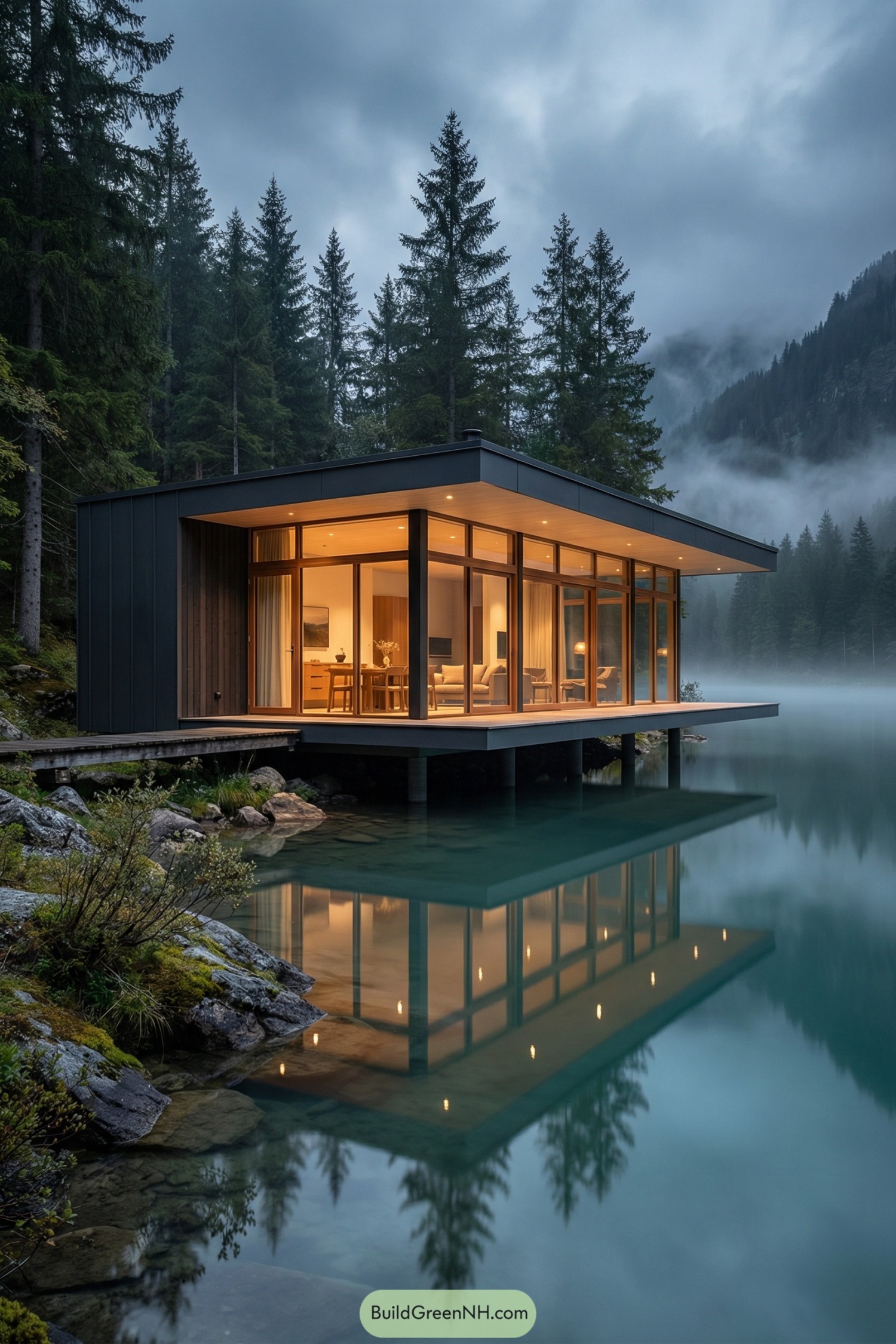 Modern glass cabin hovering over still turquoise lake beside dense evergreen forest on a misty mountain evening