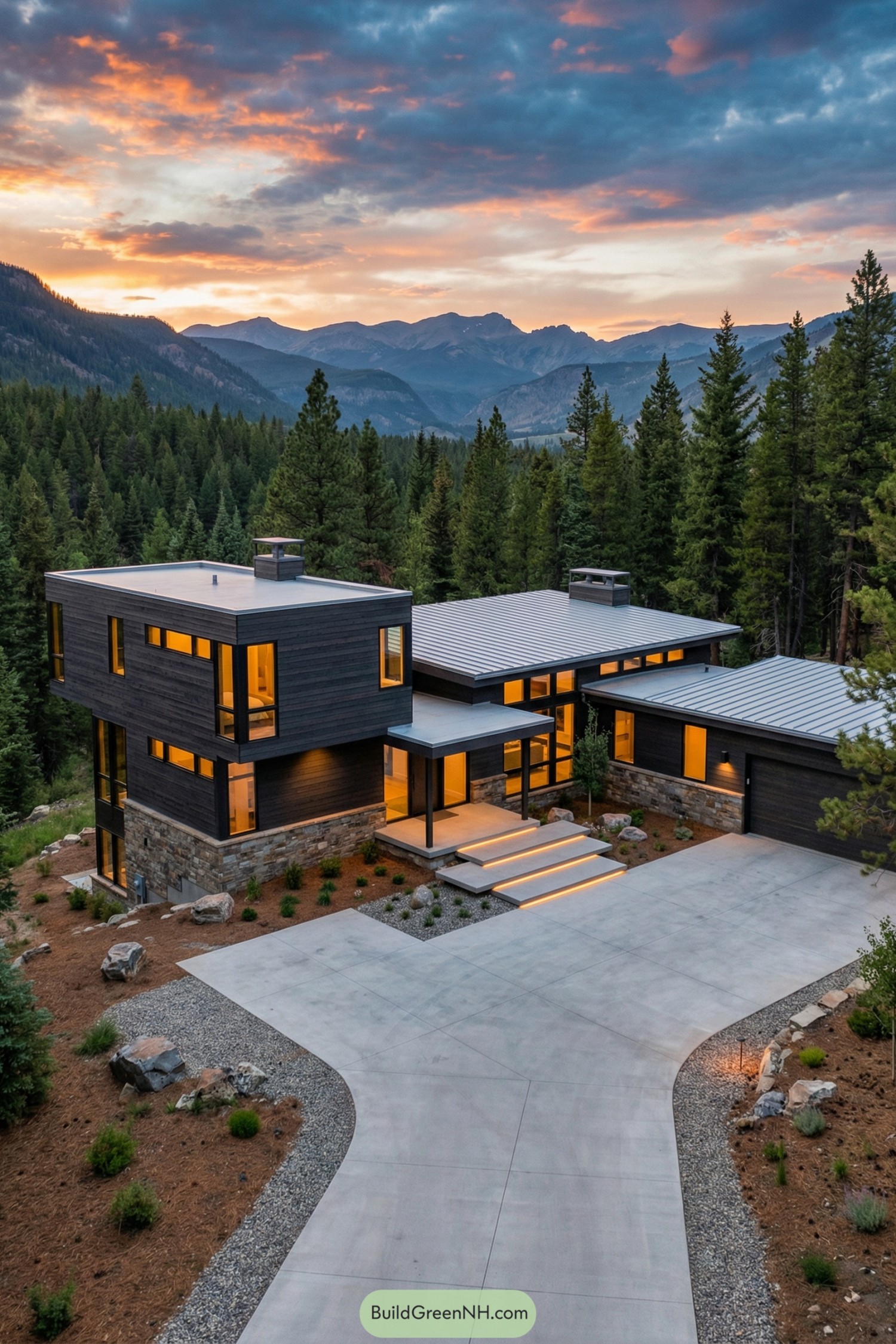 Modern mountain house with dark wood siding large windows and expansive concrete drive surrounded by dense pines at sunset