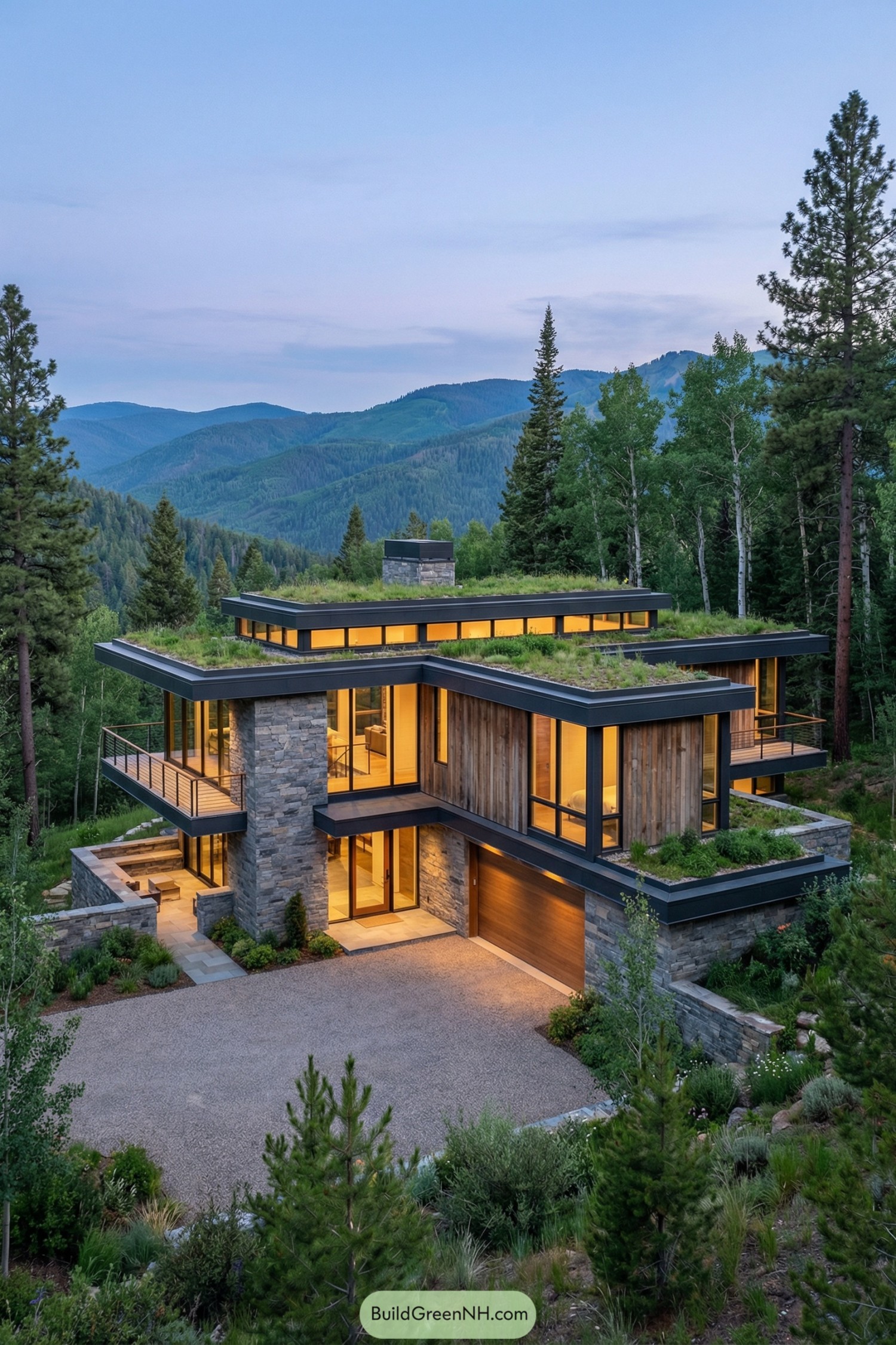 Modern tiered mountain house with glass walls and green roofs
