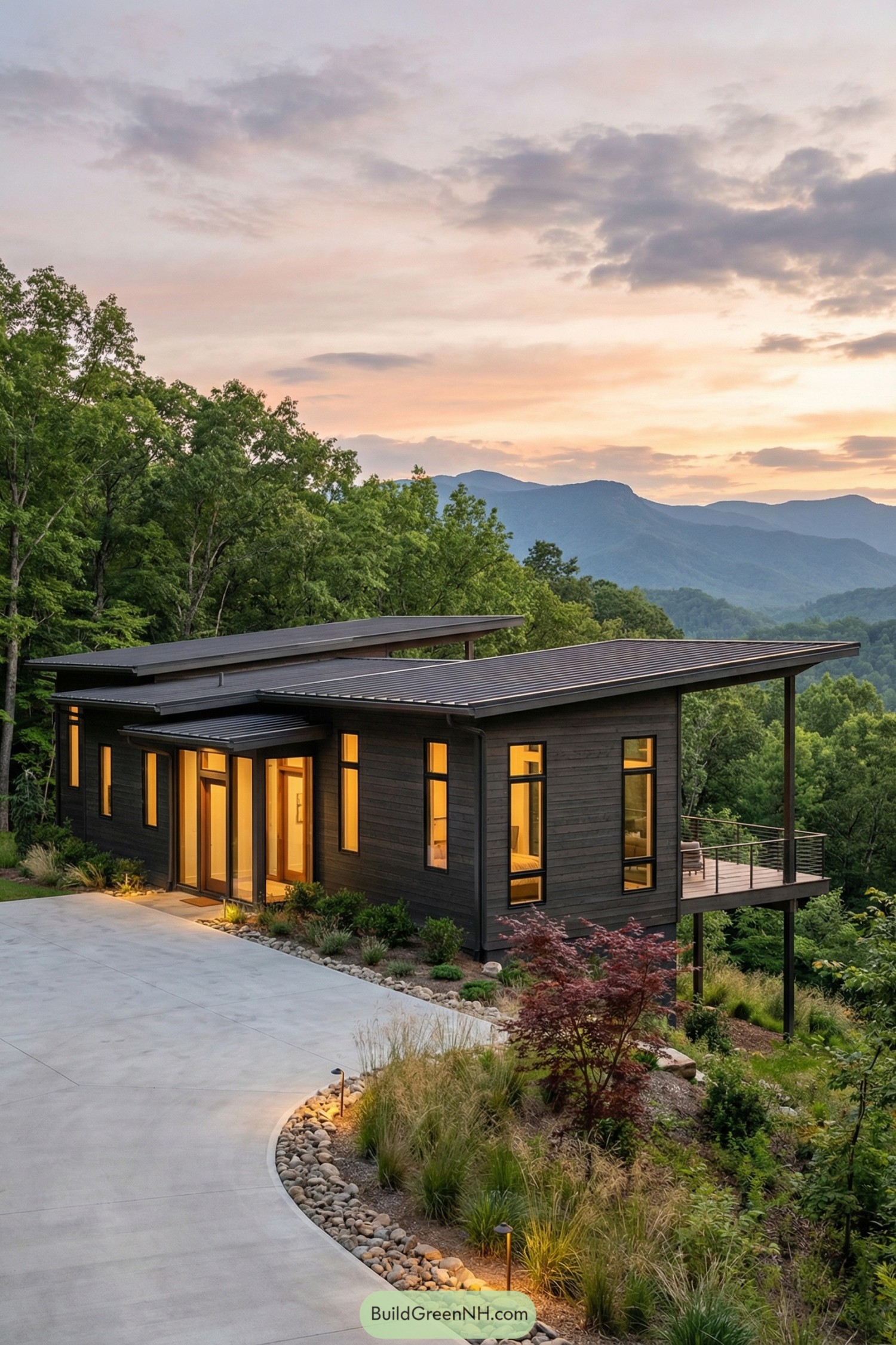 Modern dark-wood hillside house overlooking forested mountains at sunset