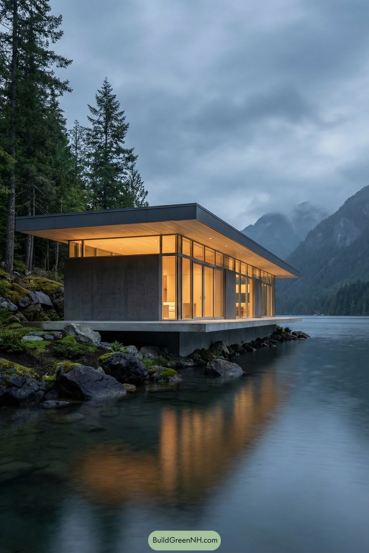 Modern glass and concrete house hovering over a calm forest lake