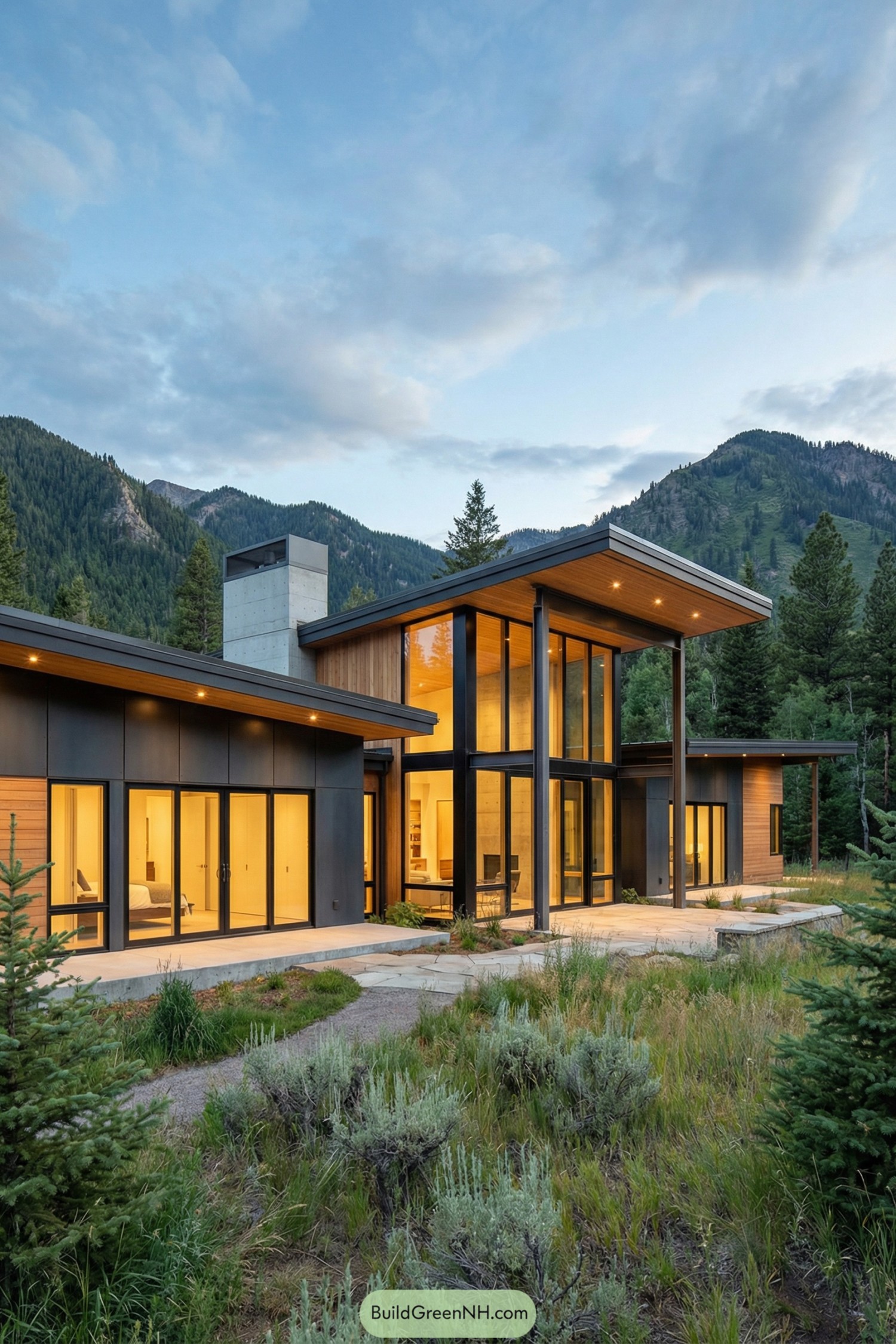 Modern mountain house with tall glass walls, warm lighting, and flat roofs surrounded by pine trees and peaks