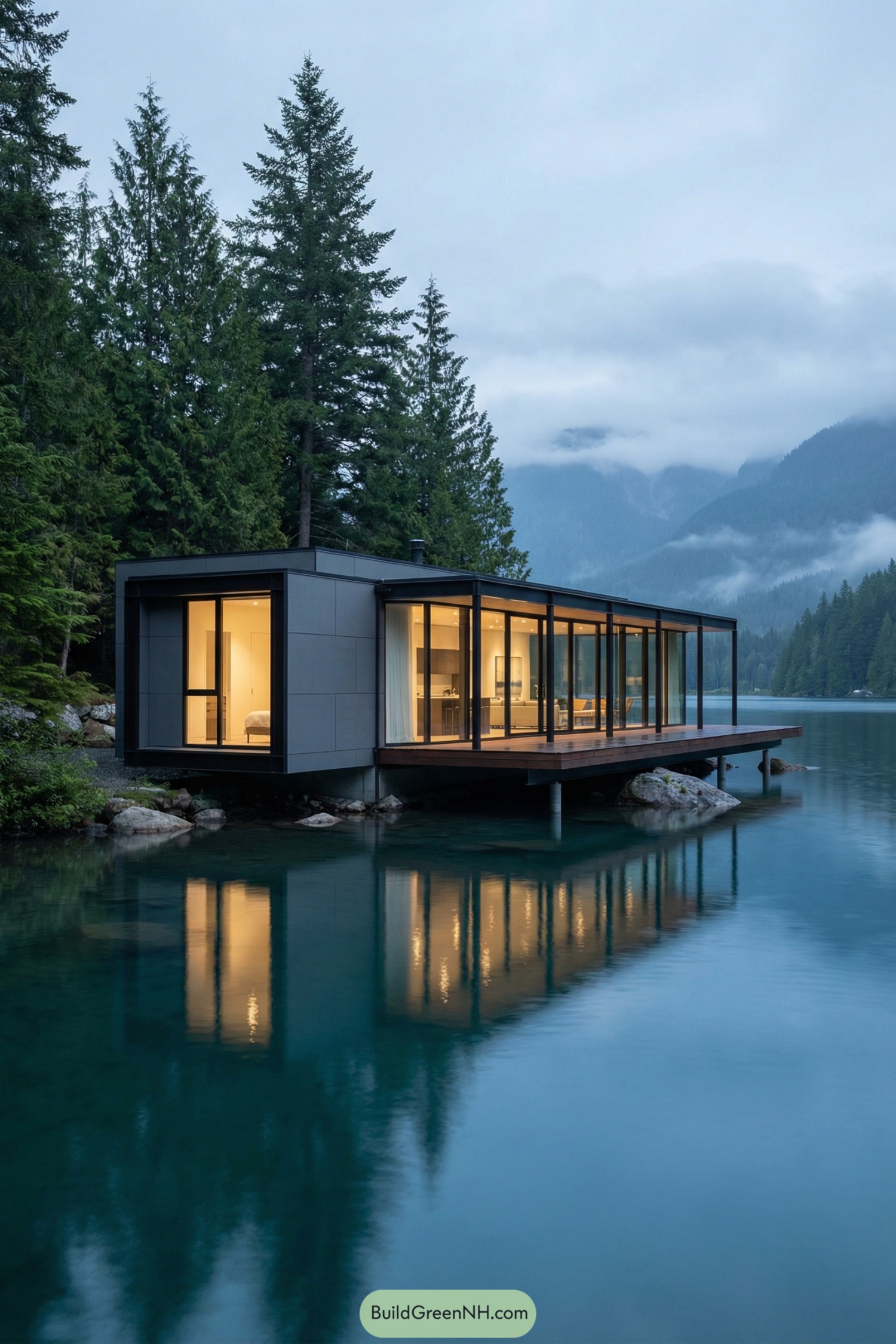 Modern glass cabin cantilevered over calm forest lake with pine trees and misty mountains in background
