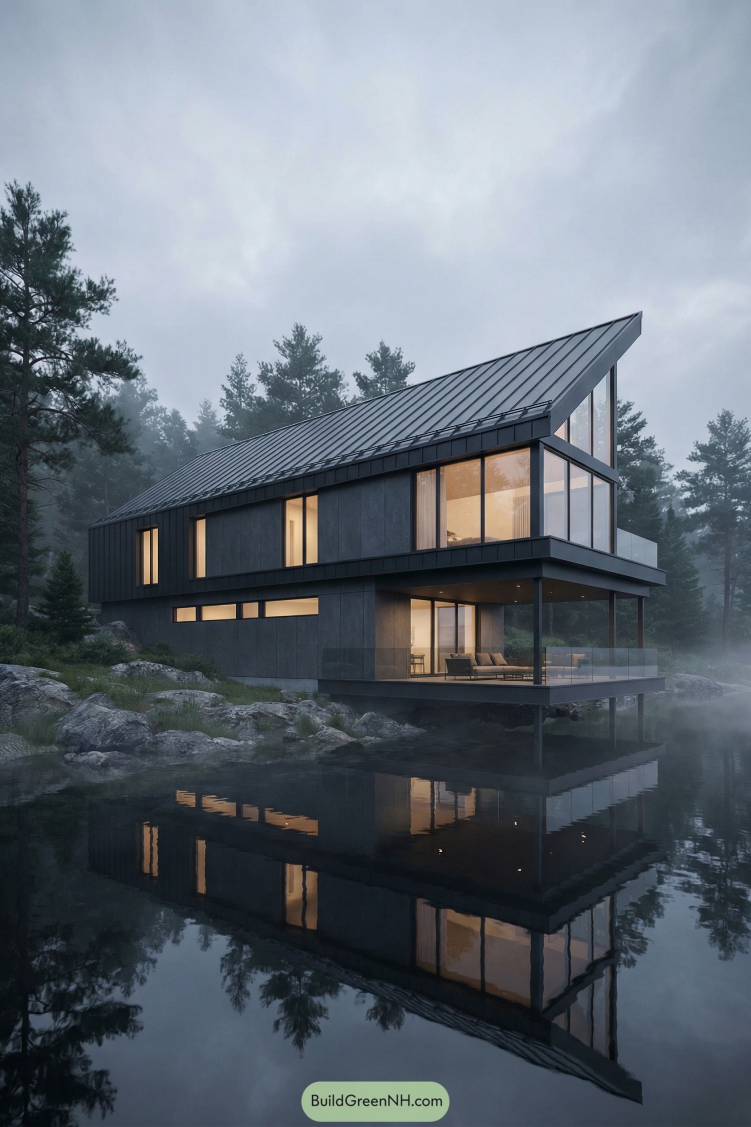 Modern dark-clad lake house in misty forest