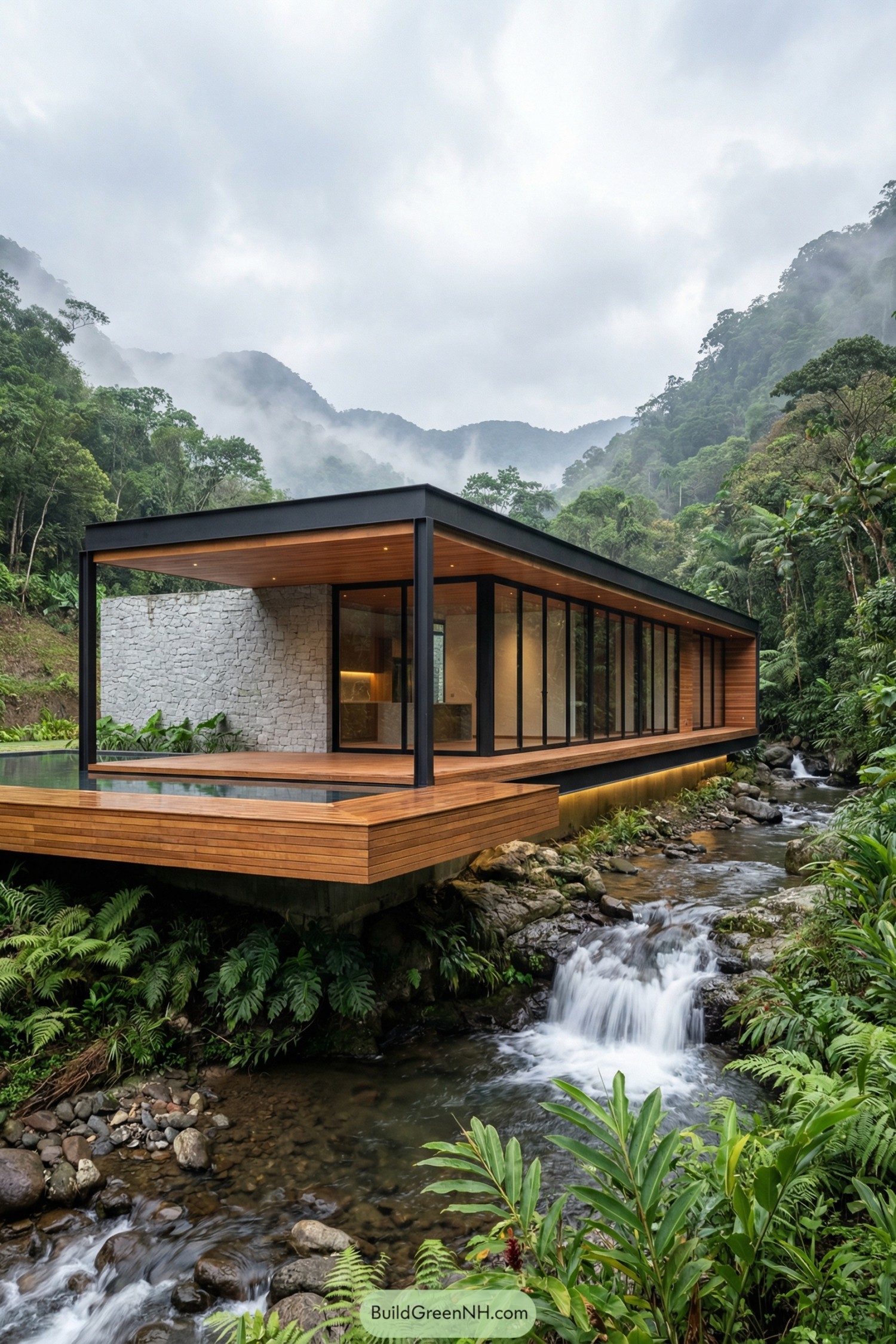 Modern glass and wood house cantilevered above a rocky forest stream in misty mountains