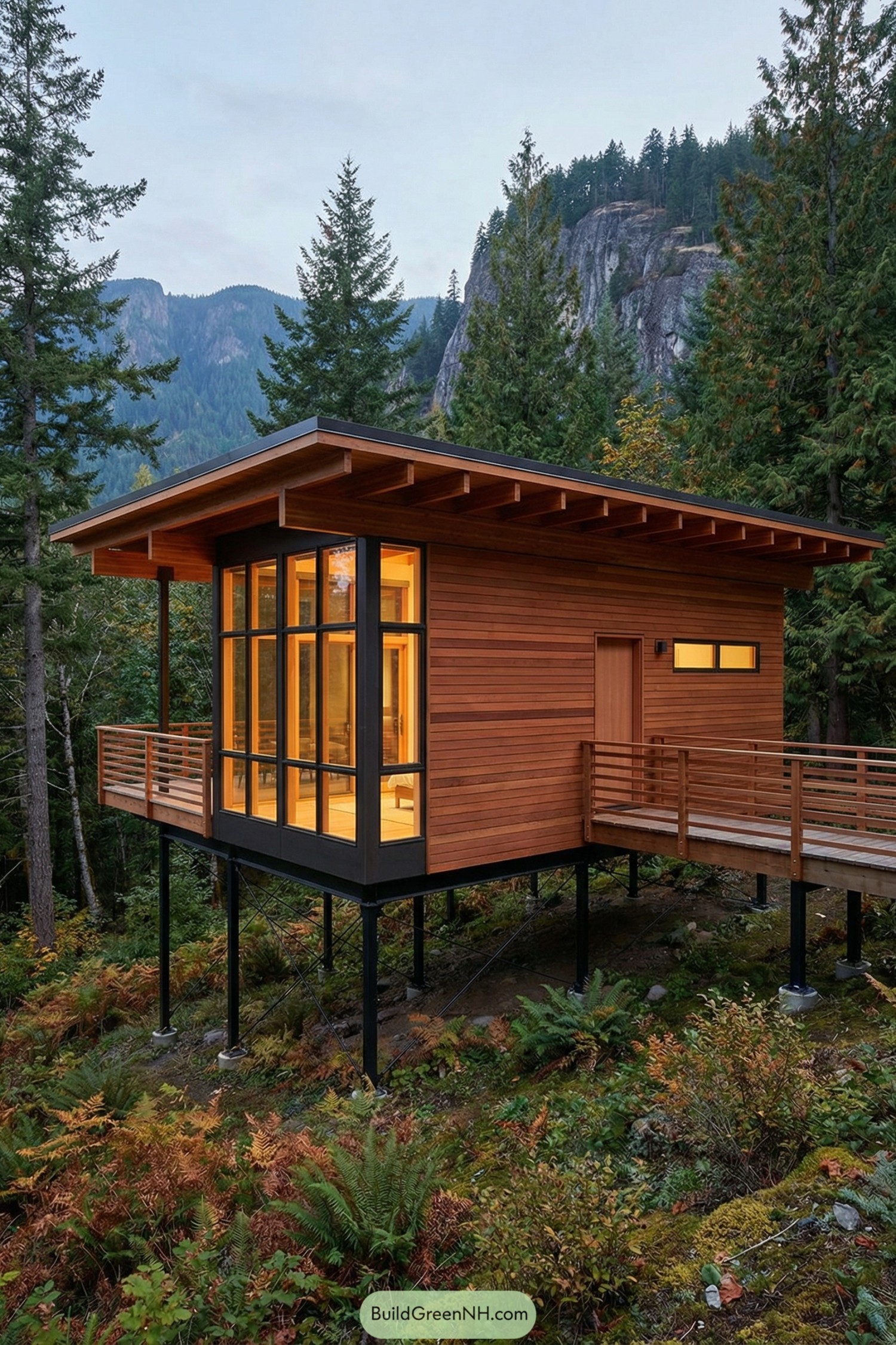 Modern stilted wood cabin with tall windows in a forested mountain setting